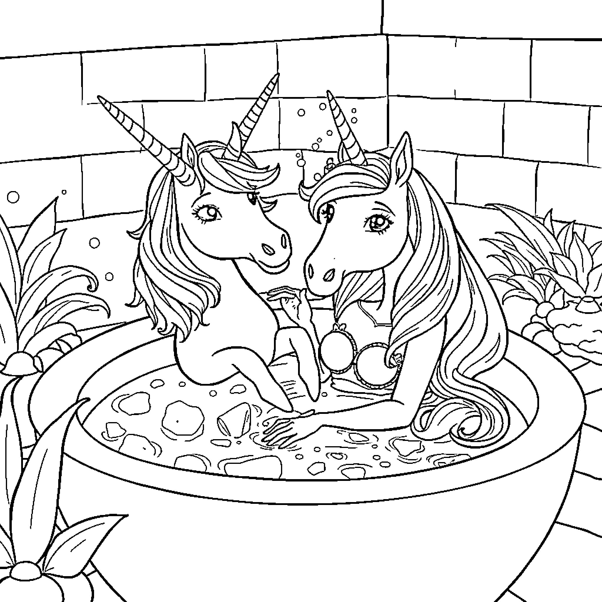 Princess Unicorns Relaxing in Enchanted Hot Tub Coloring Page (free black-and-white line drawing printable PDF for all, from beginners to advanced learners, including children, teens, adults, and seniors)