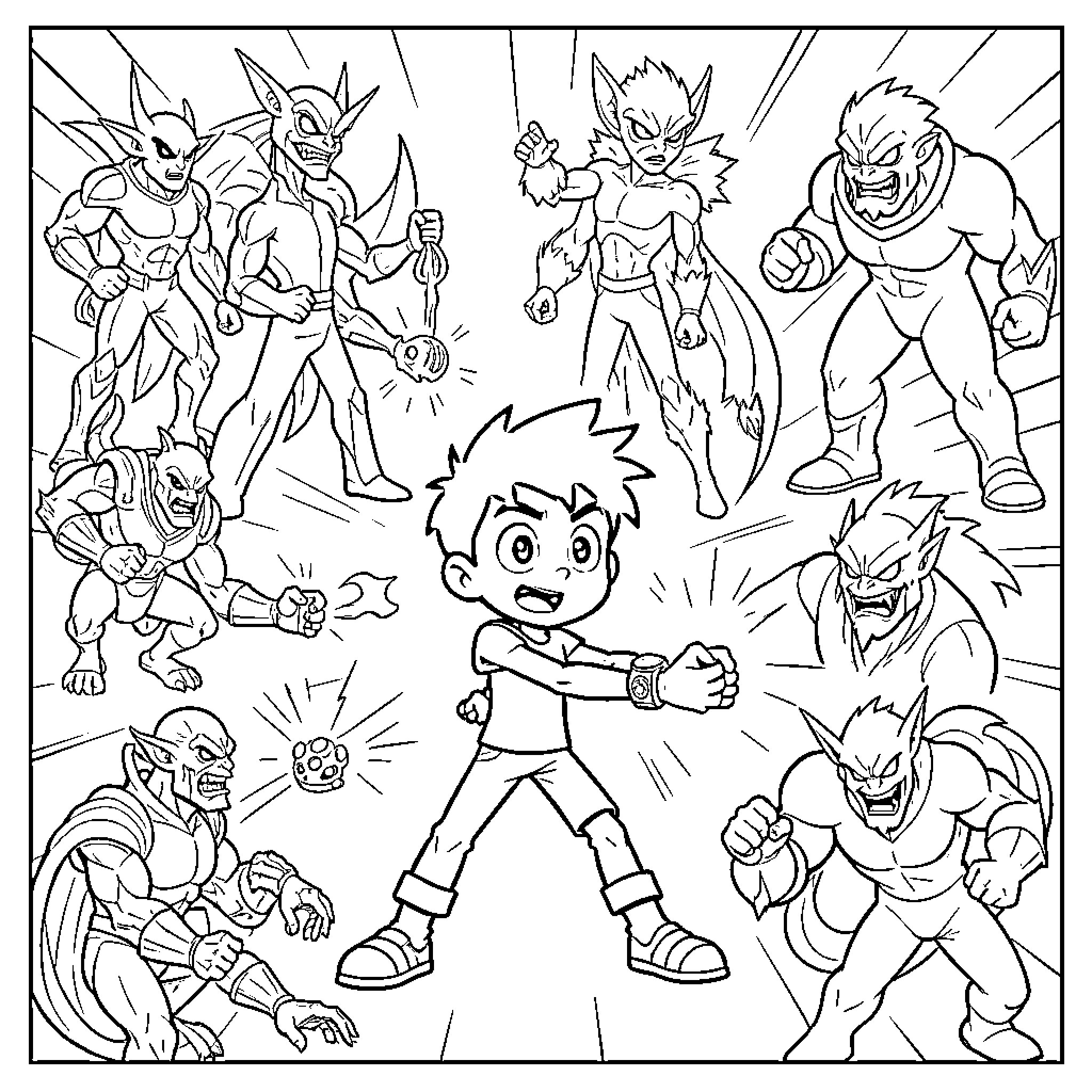 Ben 10 posing with various alien transformations Coloring Page (free black-and-white line drawing printable PDF for all, from beginners to advanced learners, including children, teens, adults, and seniors)
