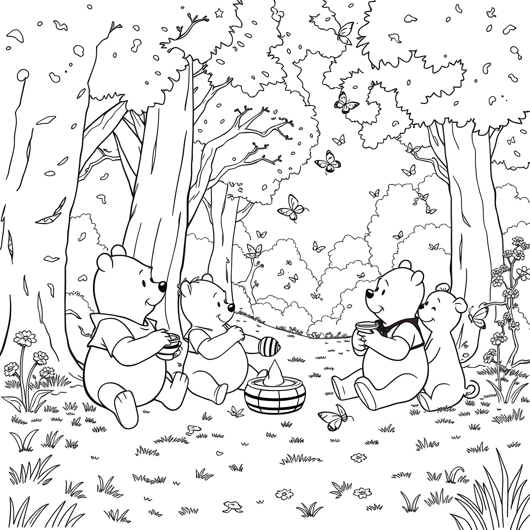 Winnie The Pooh and Friends Enjoying Outdoor Activities Coloring Page (free black-and-white line drawing printable PDF for all, from beginners to advanced learners, including children, teens, adults, and seniors)