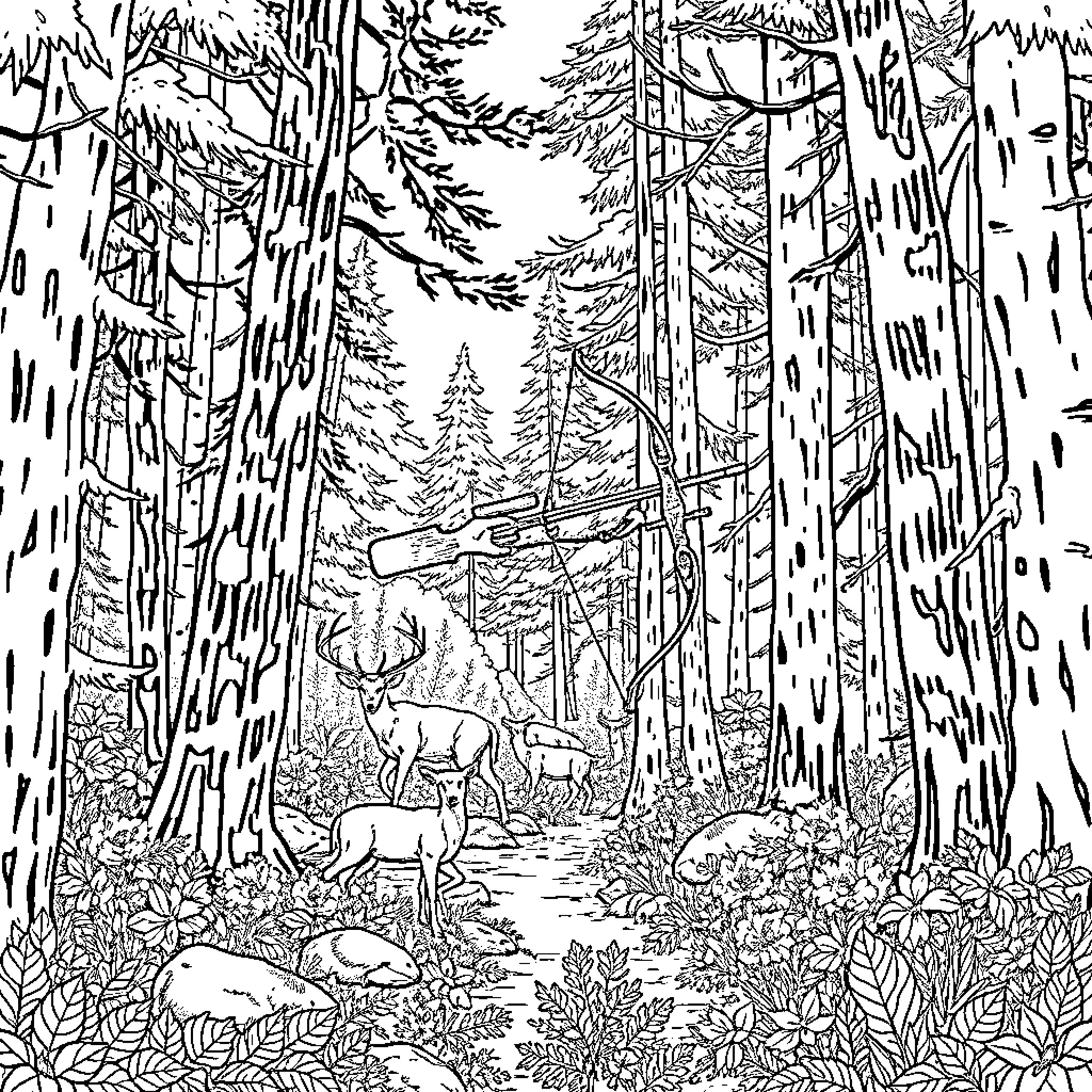 Bowhunting in the Serene Forest Coloring Page (free black-and-white line drawing printable PDF for all, from beginners to advanced learners, including children, teens, adults, and seniors)