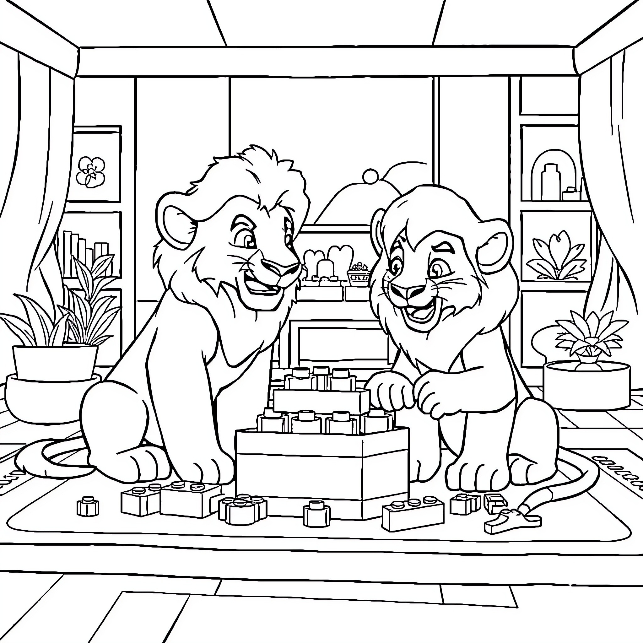 Simba and Nala Playing with Toys in the Den Coloring Page (free black-and-white line drawing printable PDF for all, from beginners to advanced learners, including children, teens, adults, and seniors)