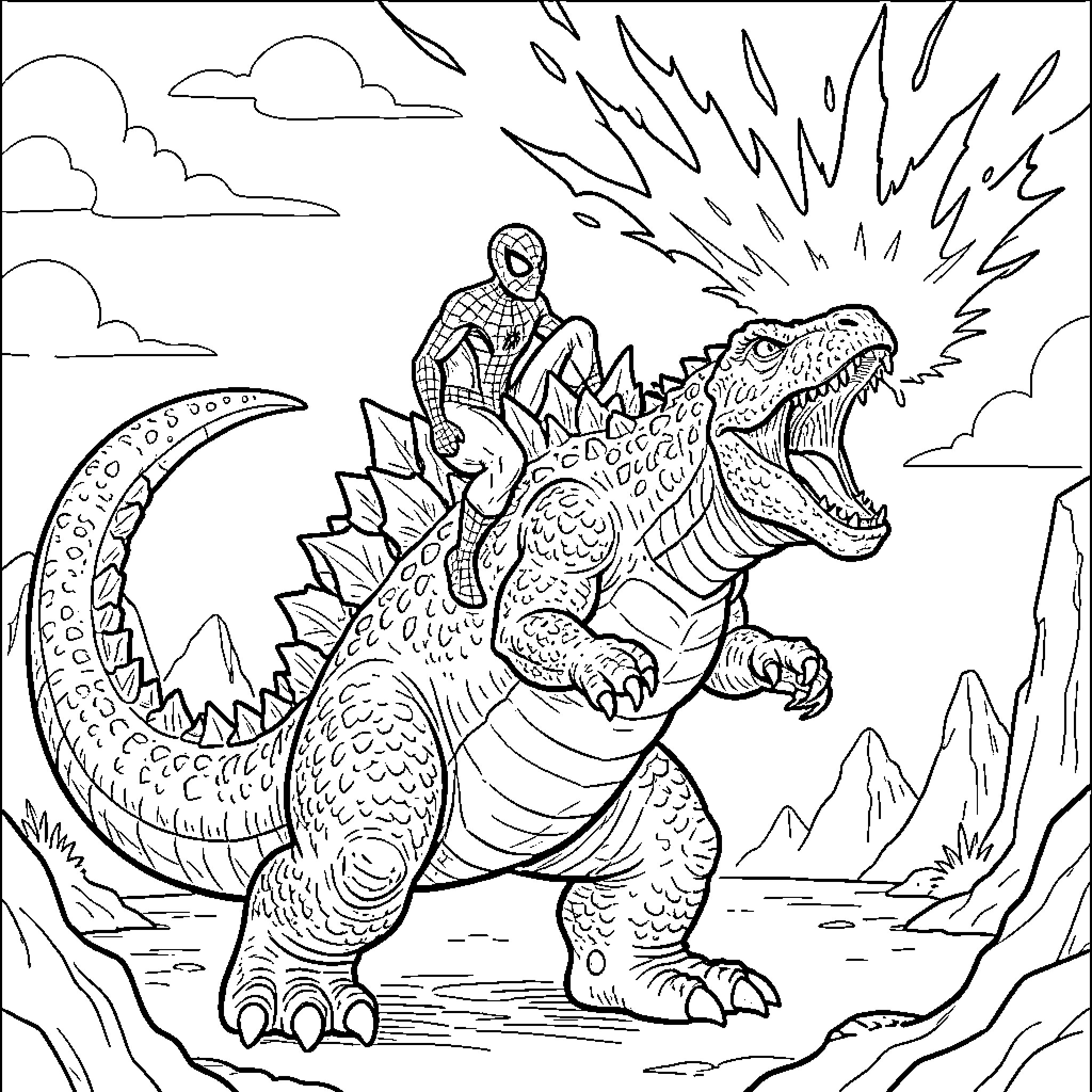 Spiderman riding on the back of a dinosaur Coloring Page (free black-and-white line drawing printable PDF for all, from beginners to advanced learners, including children, teens, adults, and seniors)