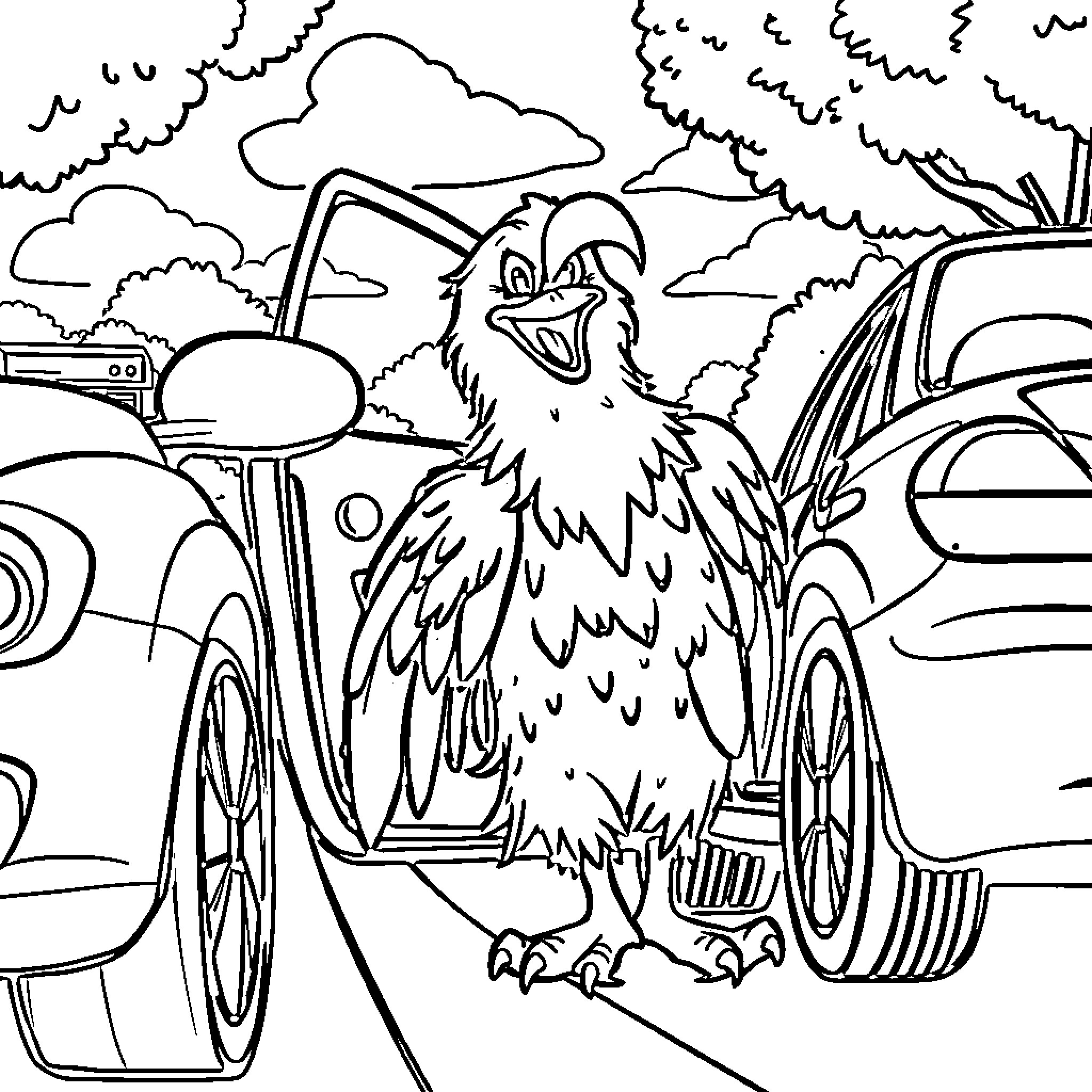 Eagle perched near vehicles on the road Coloring Page (free black-and-white line drawing printable PDF for all, from beginners to advanced learners, including children, teens, adults, and seniors)