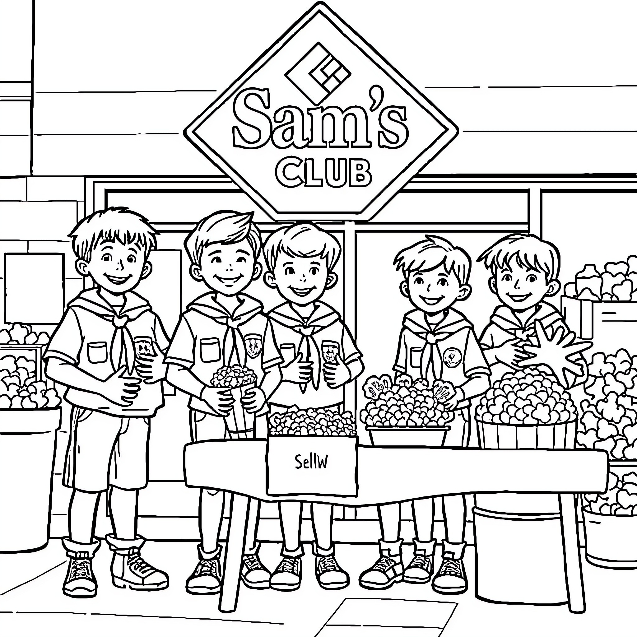 Cub Scouts Selling Snacks at Sam's Club Coloring Page (free black-and-white line drawing printable PDF for all, from beginners to advanced learners, including children, teens, adults, and seniors)