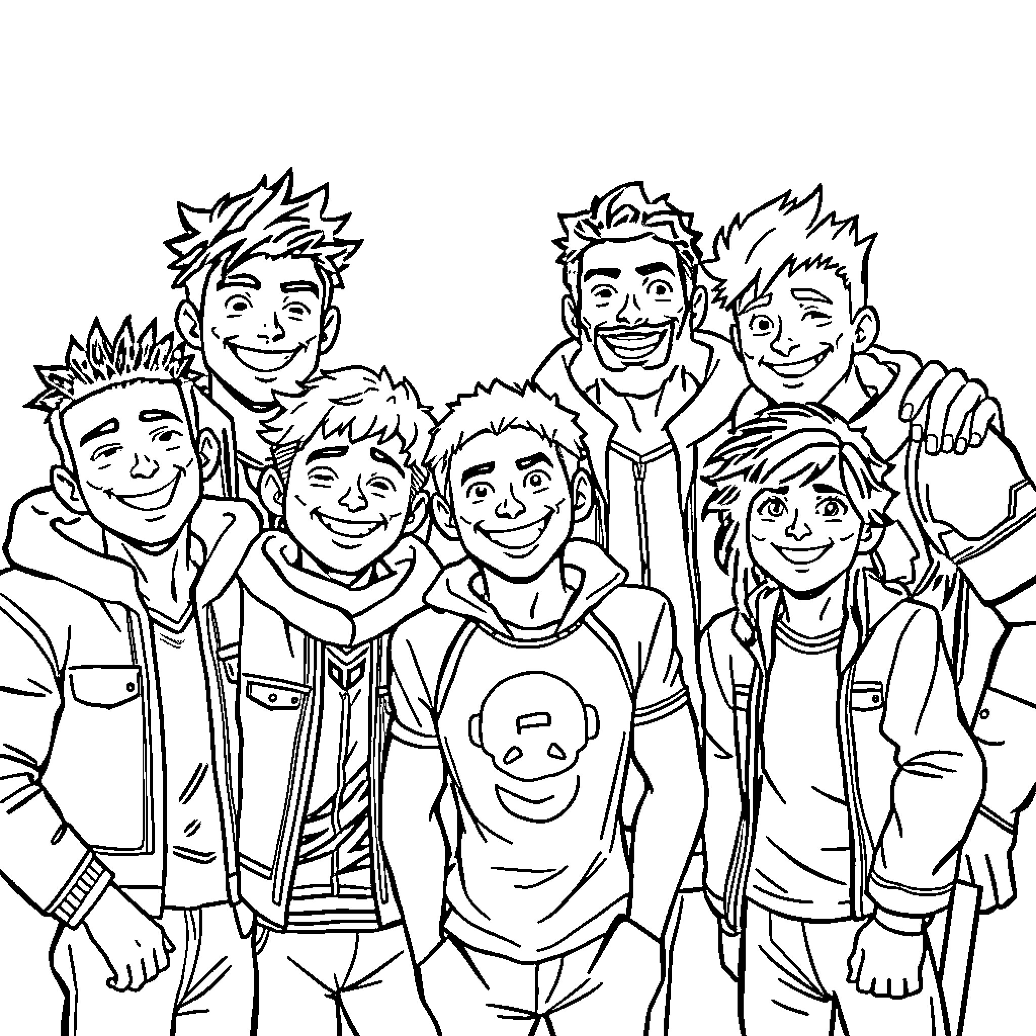 Saja Boys Enjoying Lively Camaraderie and Youthful Exuberance Coloring Page (free black-and-white line drawing printable PDF for all, from beginners to advanced learners, including children, teens, adults, and seniors)