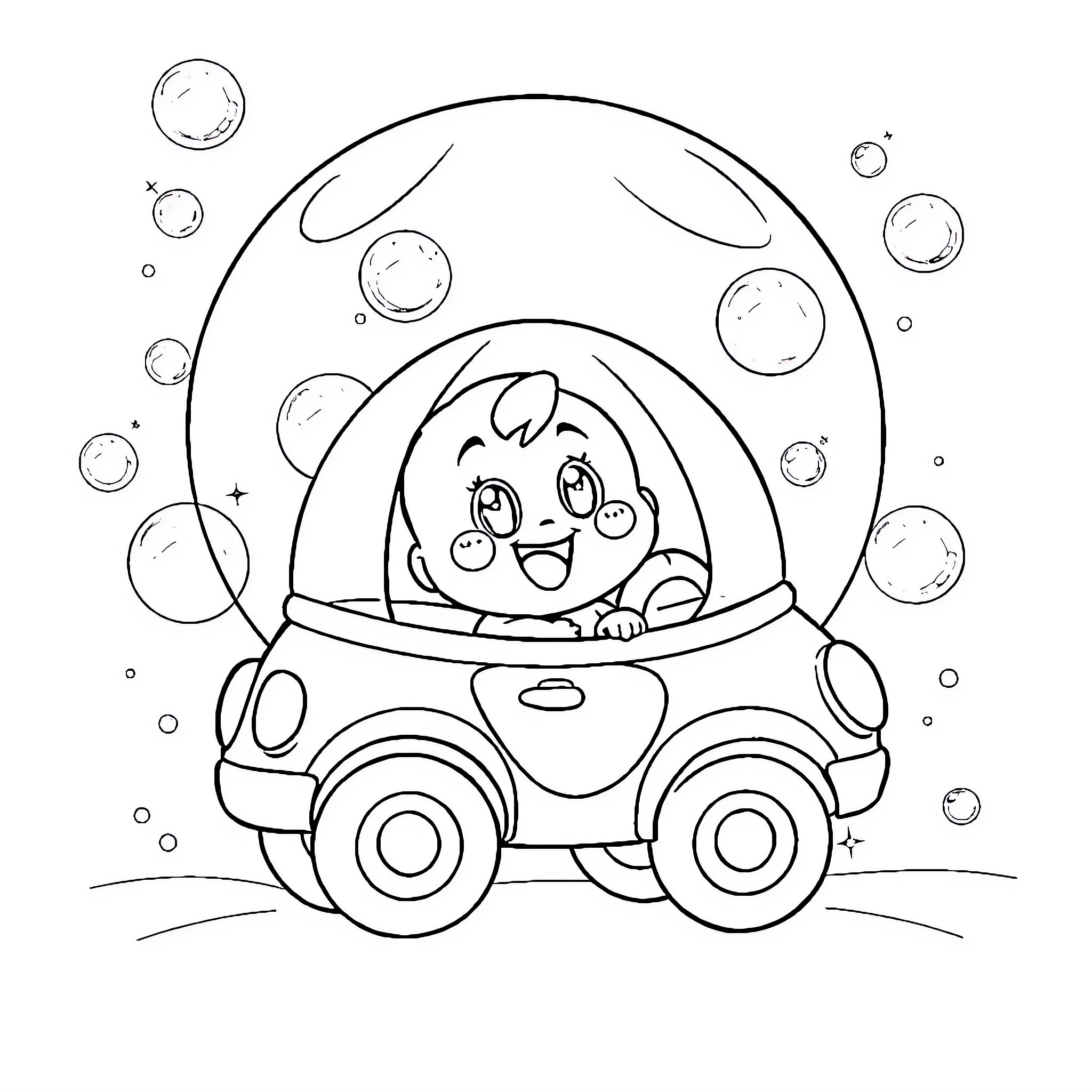 Bubble Buddy riding a happy spaceship Coloring Page (free black-and-white line drawing printable PDF for all, from beginners to advanced learners, including children, teens, adults, and seniors)