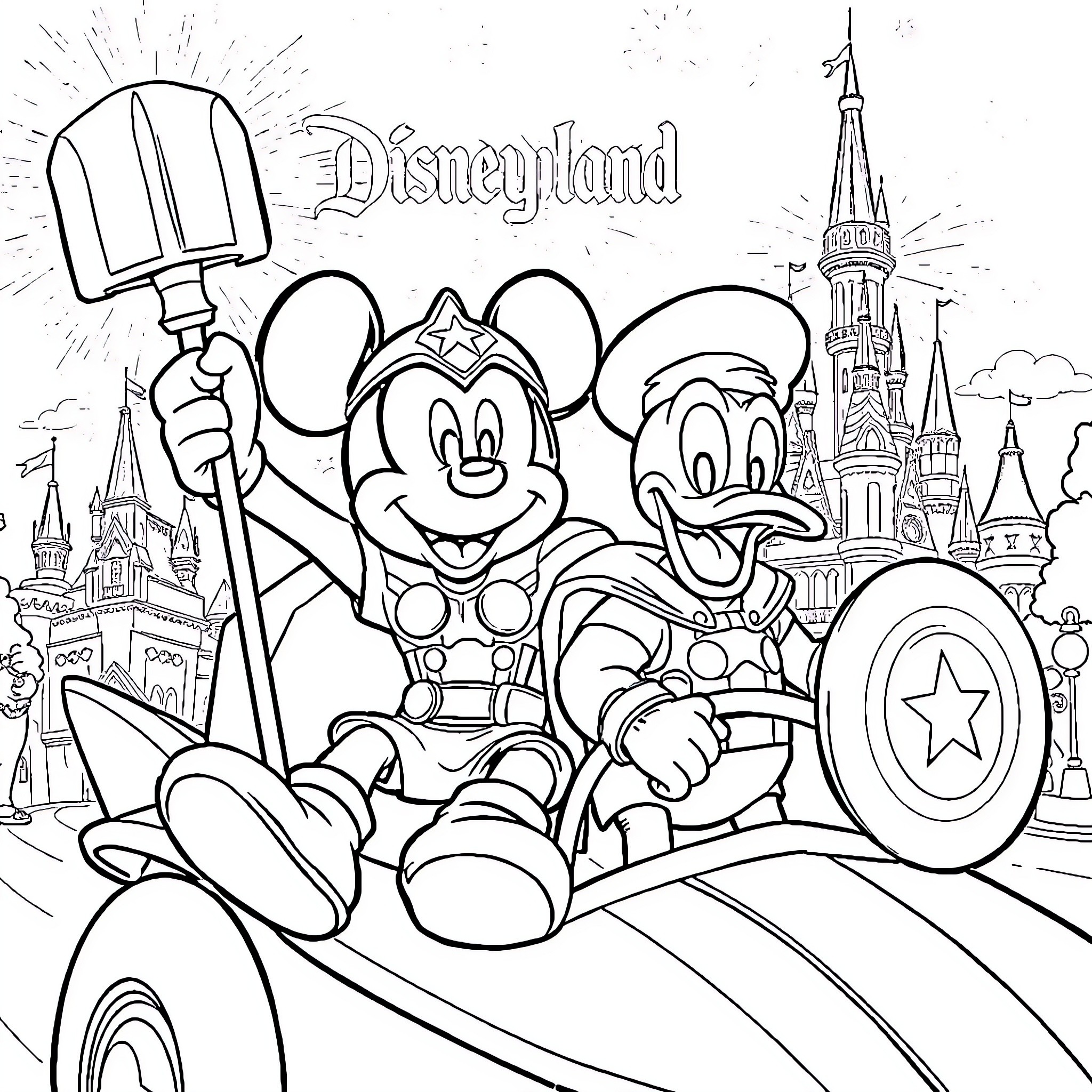 Mickey and Friends Explore Disneyland Coloring Page (free black-and-white line drawing printable PDF for all, from beginners to advanced learners, including children, teens, adults, and seniors)