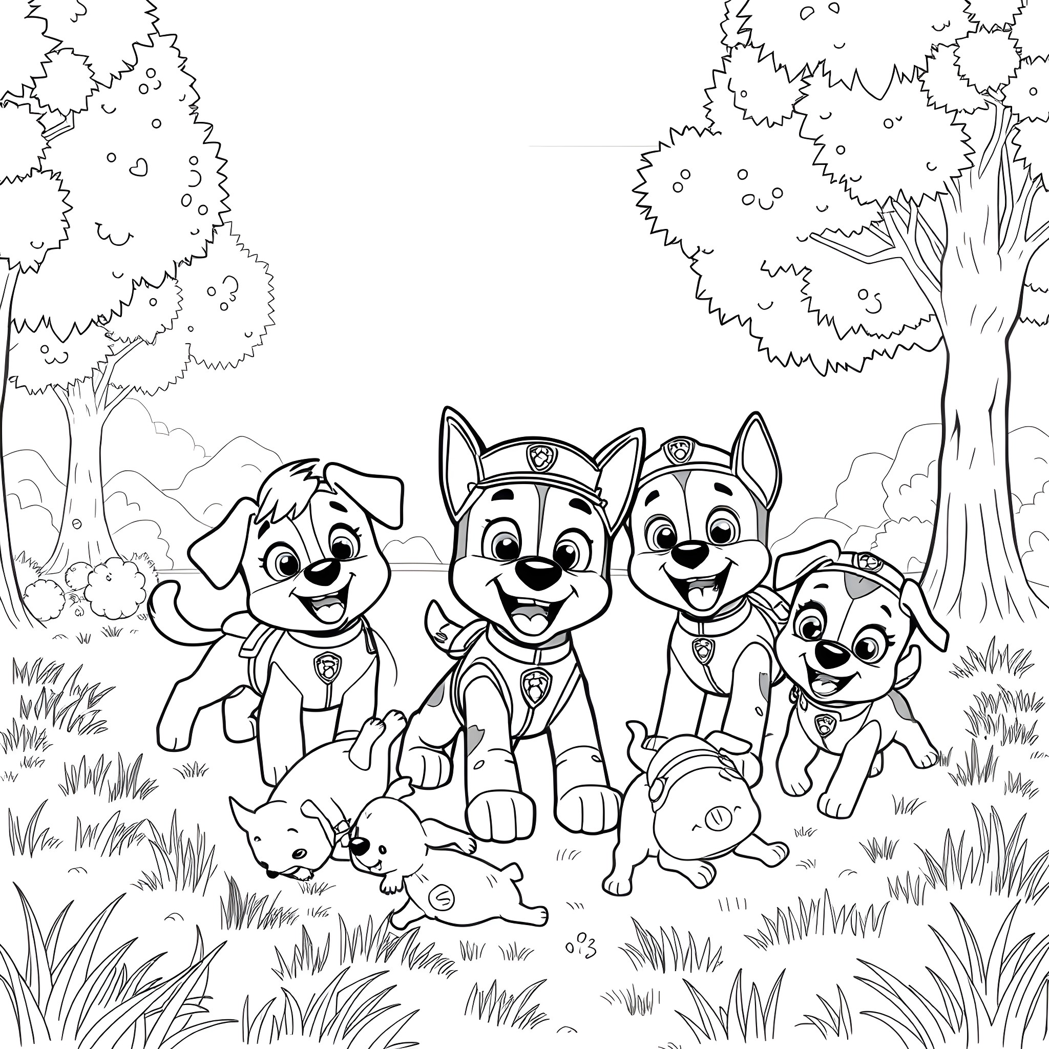 Paw Patrol Pups Explore the Outdoors Coloring Page (free black-and-white line drawing printable PDF for all, from beginners to advanced learners, including children, teens, adults, and seniors)