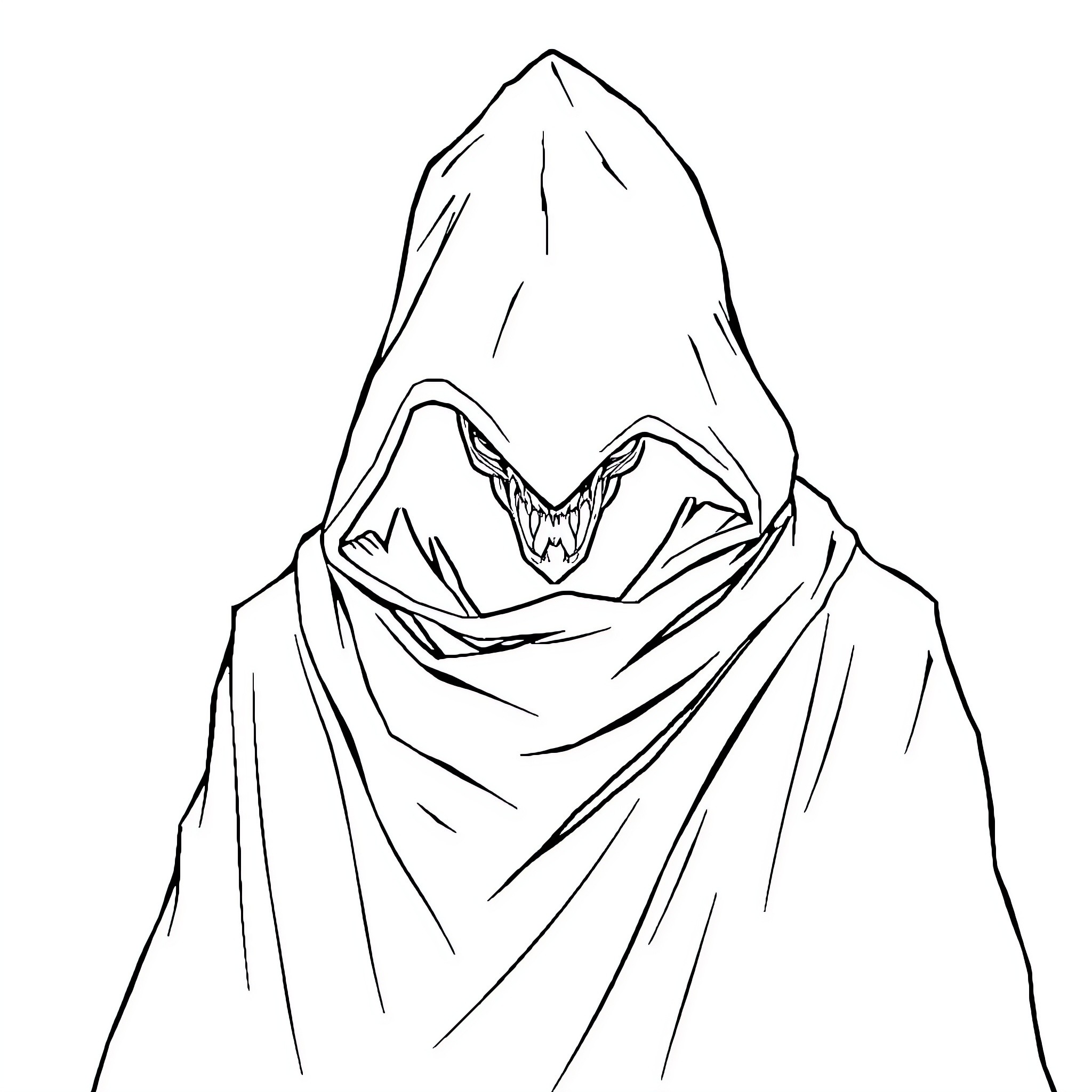 Amondus Mysterious Hooded Figure Coloring Page (free black-and-white line drawing printable PDF for all, from beginners to advanced learners, including children, teens, adults, and seniors)