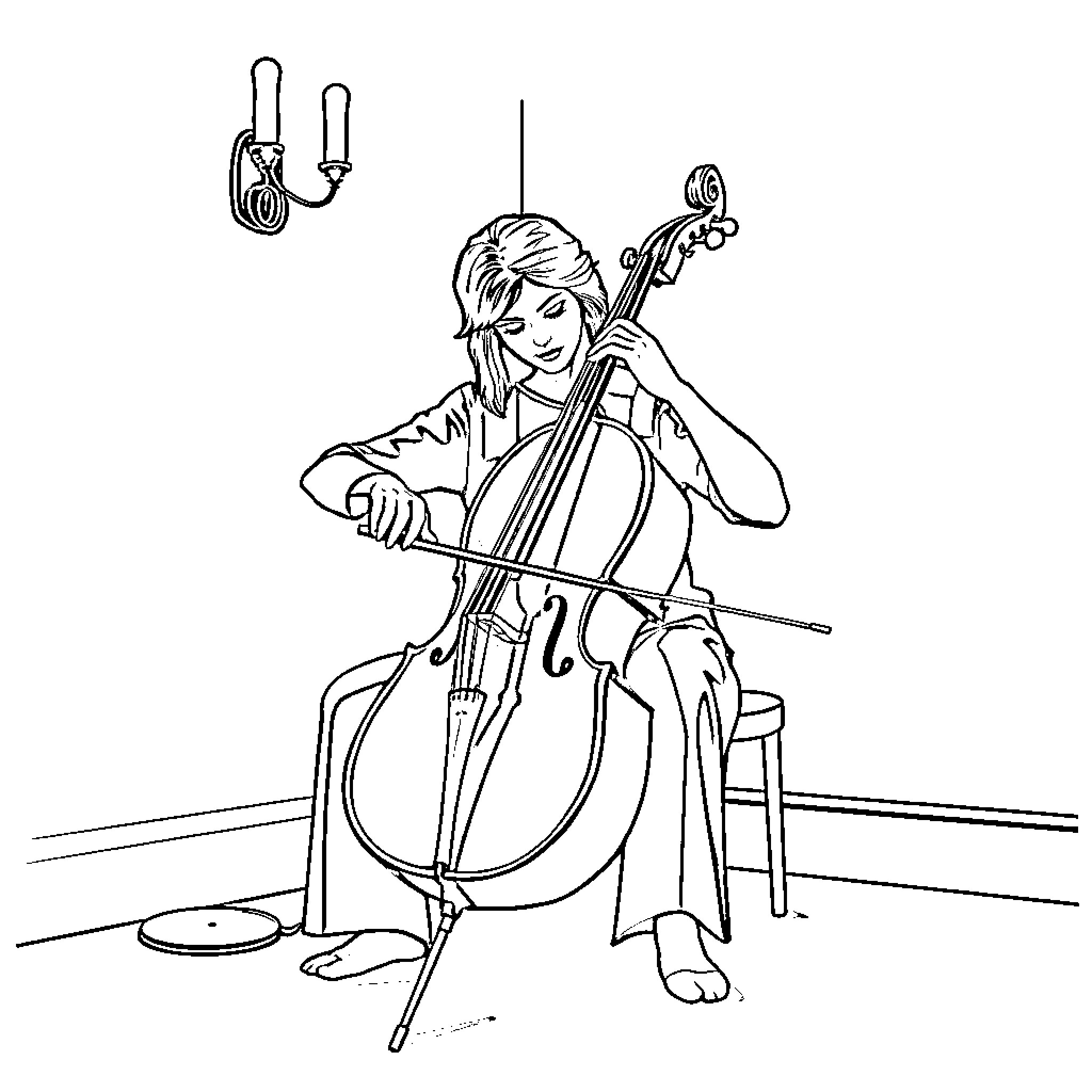 Wednesday cello performance by a young musician Coloring Page (free black-and-white line drawing printable PDF for all, from beginners to advanced learners, including children, teens, adults, and seniors)