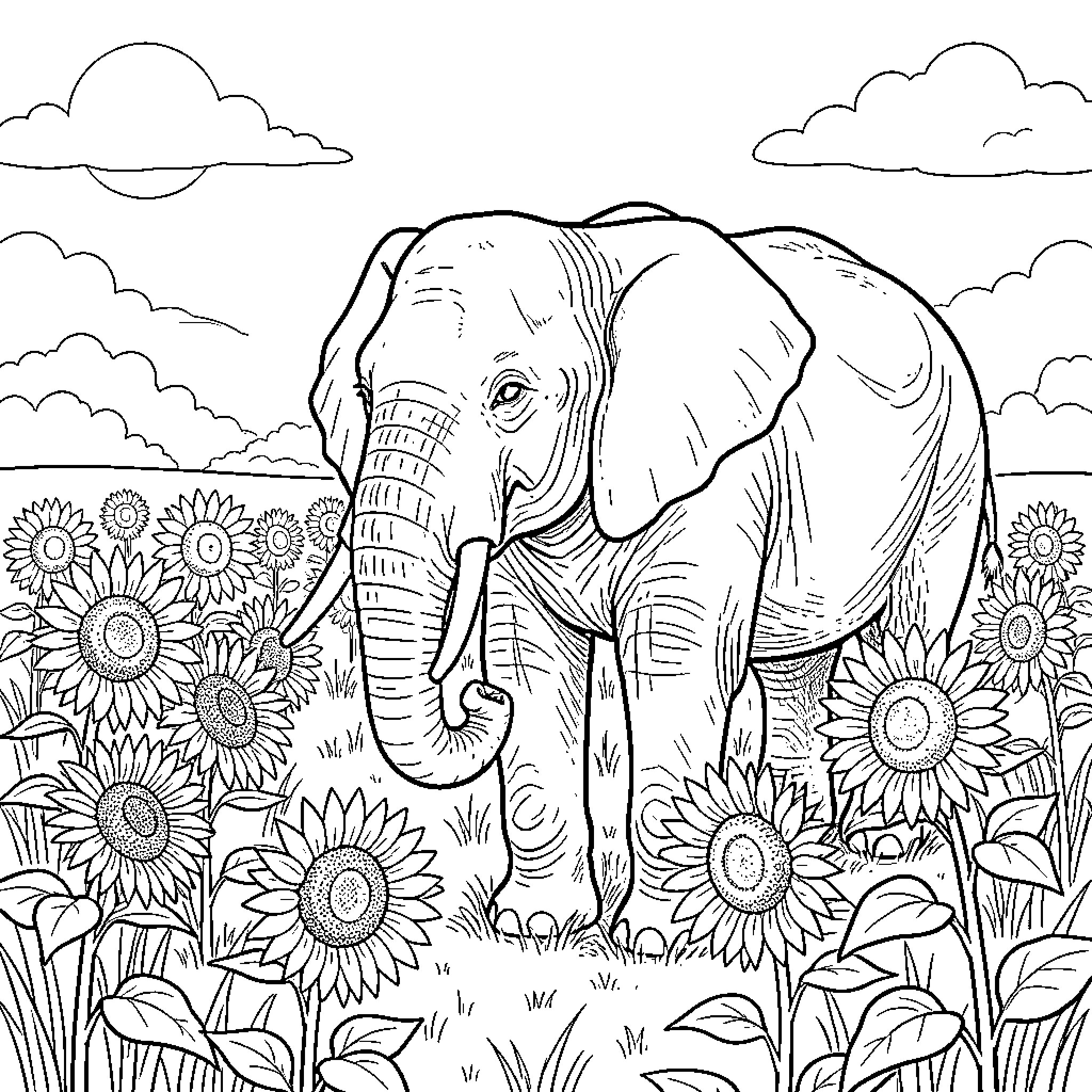 Elephant surrounded by sunflowers in nature Coloring Page (free black-and-white line drawing printable PDF for all, from beginners to advanced learners, including children, teens, adults, and seniors)