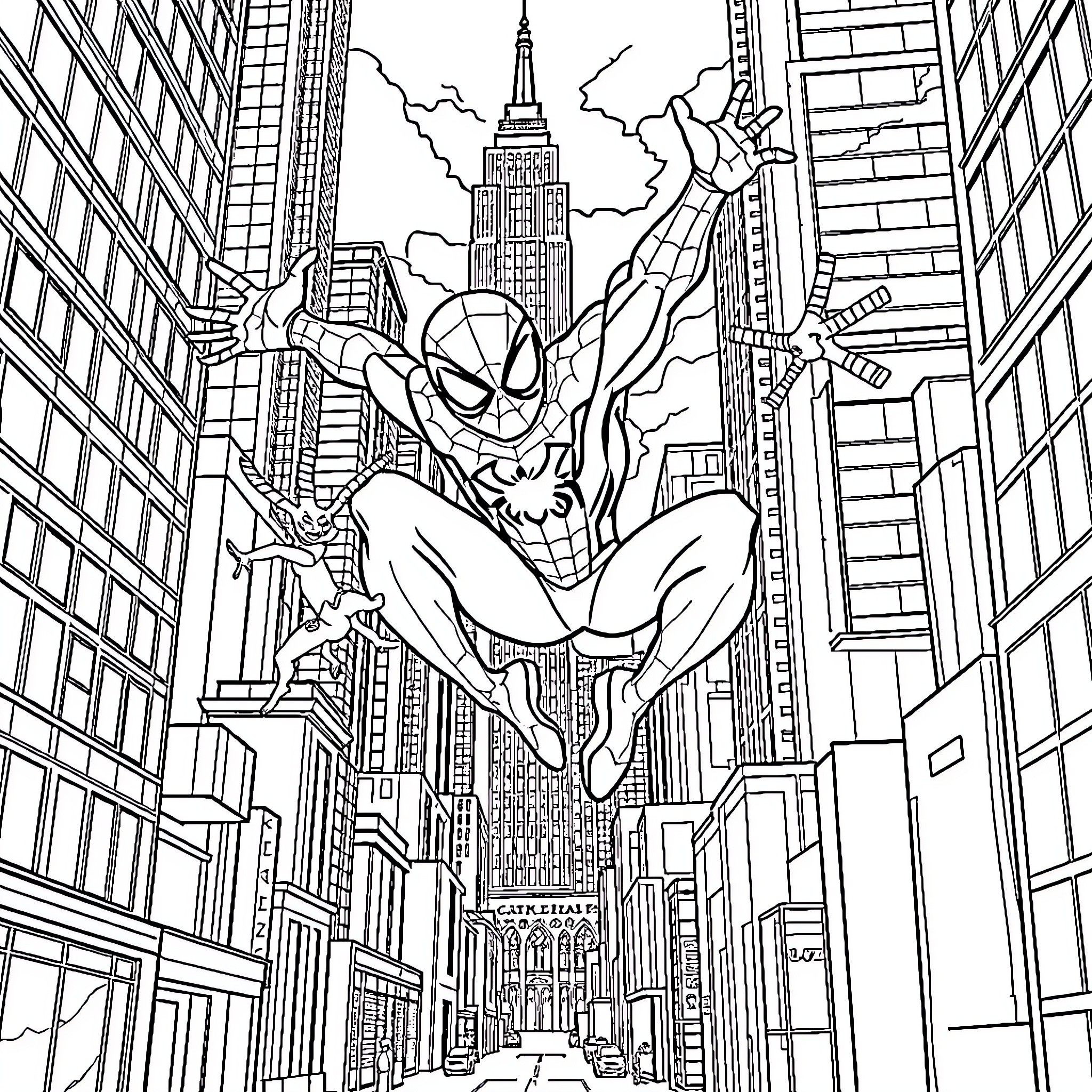 Spider-Man swinging through the city skyline Coloring Page (free black-and-white line drawing printable PDF for all, from beginners to advanced learners, including children, teens, adults, and seniors)