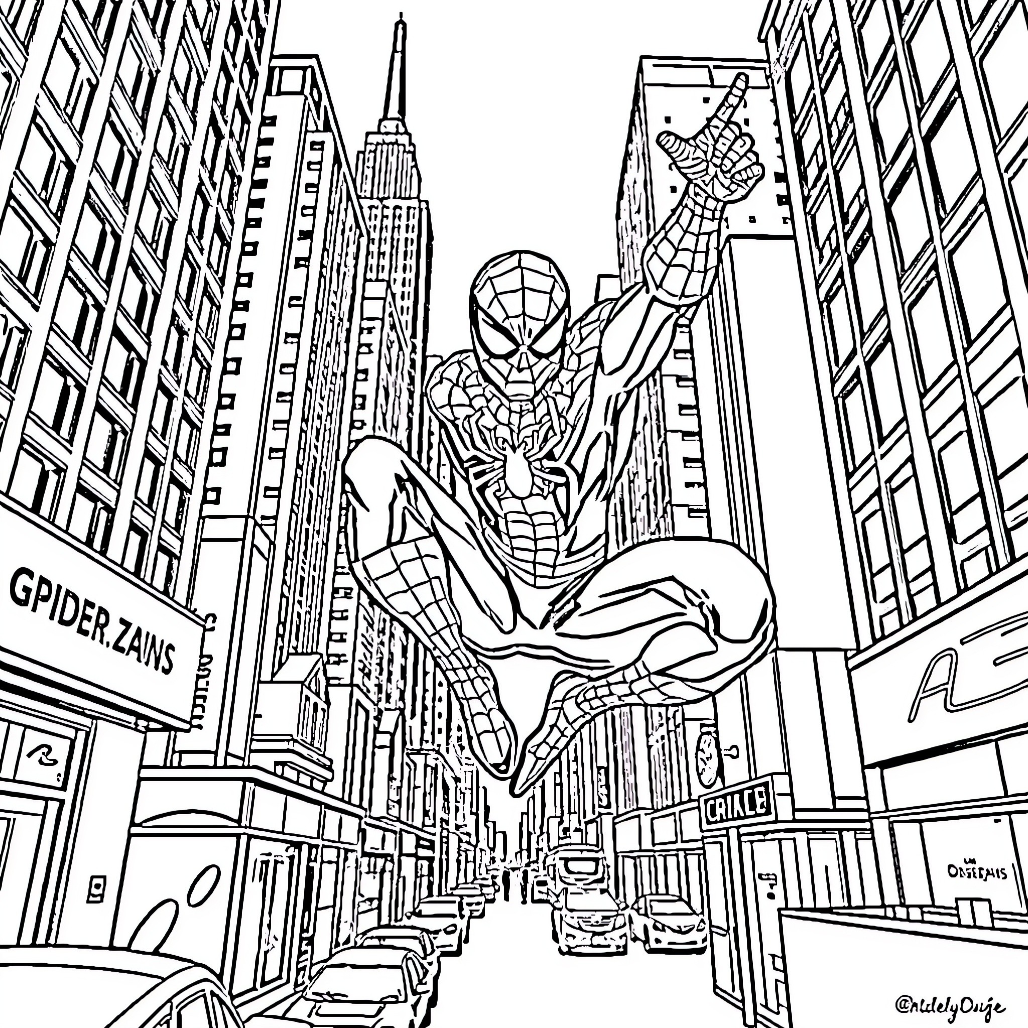 Spider-Man swinging through the bustling city streets Coloring Page (free black-and-white line drawing printable PDF for all, from beginners to advanced learners, including children, teens, adults, and seniors)