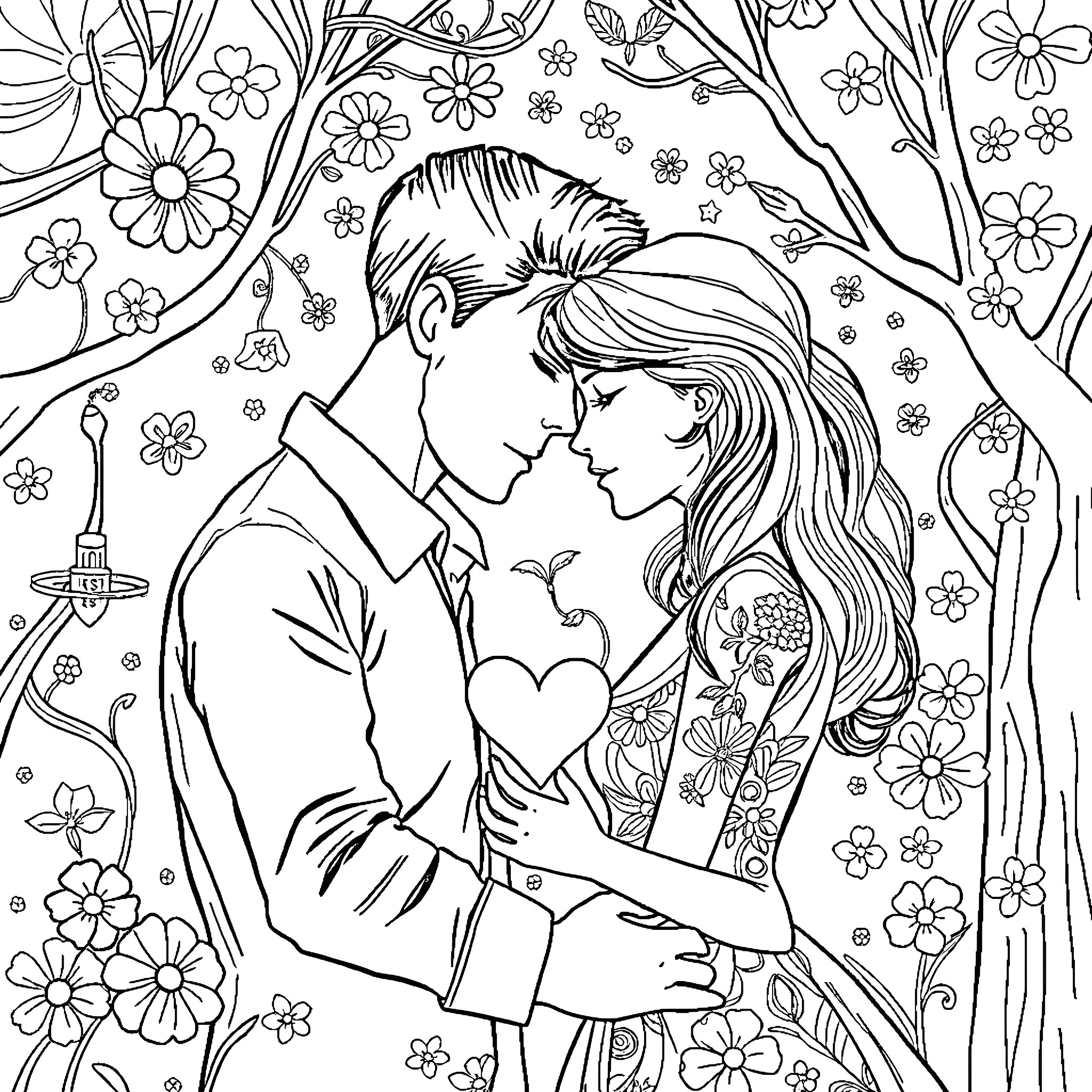 Love Hypothesis: Intimate Embrace in a Floral Wonderland Coloring Page (free black-and-white line drawing printable PDF for all, from beginners to advanced learners, including children, teens, adults, and seniors)