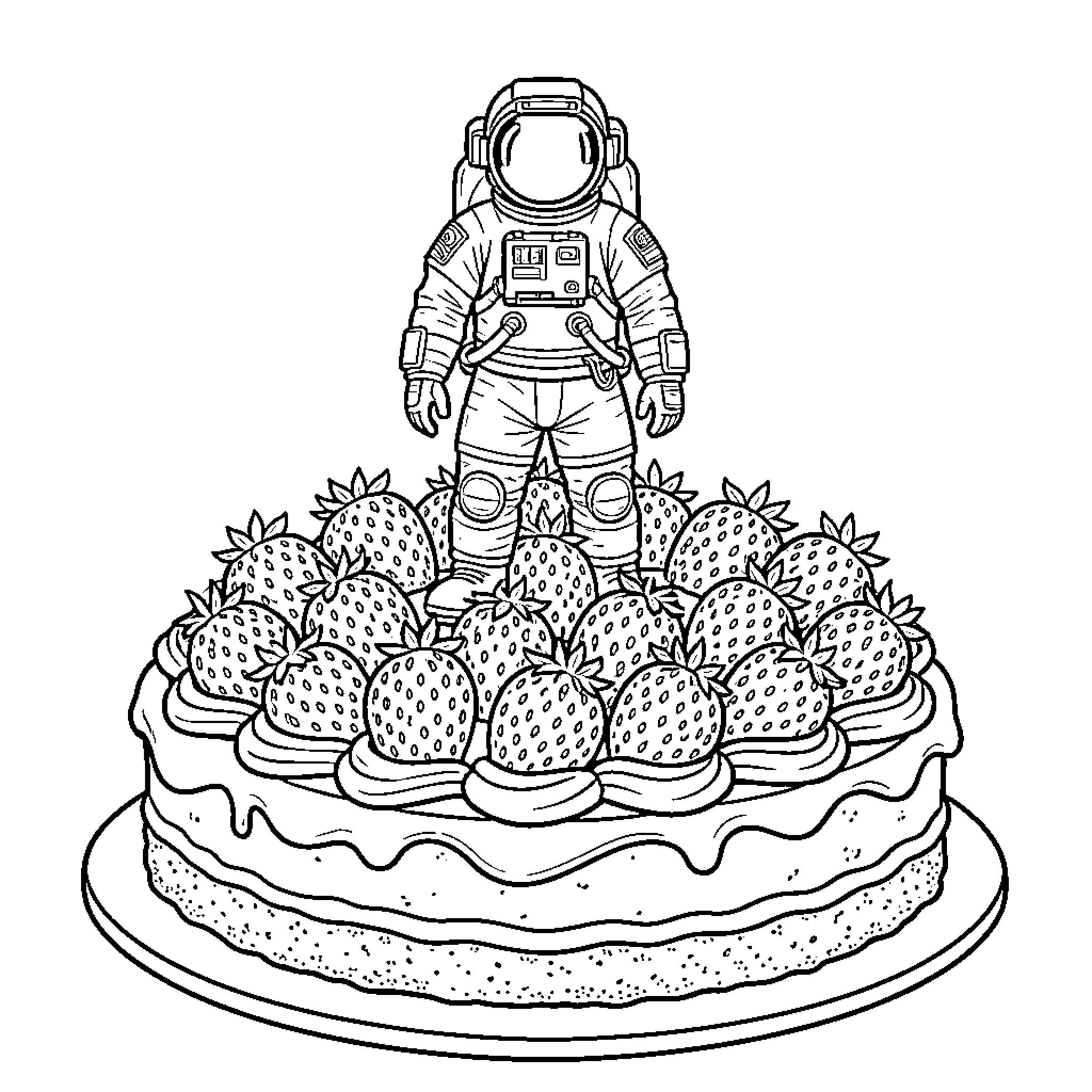 Astronaut standing atop a large strawberry cake Coloring Page (free black-and-white line drawing printable PDF for all, from beginners to advanced learners, including children, teens, adults, and seniors)