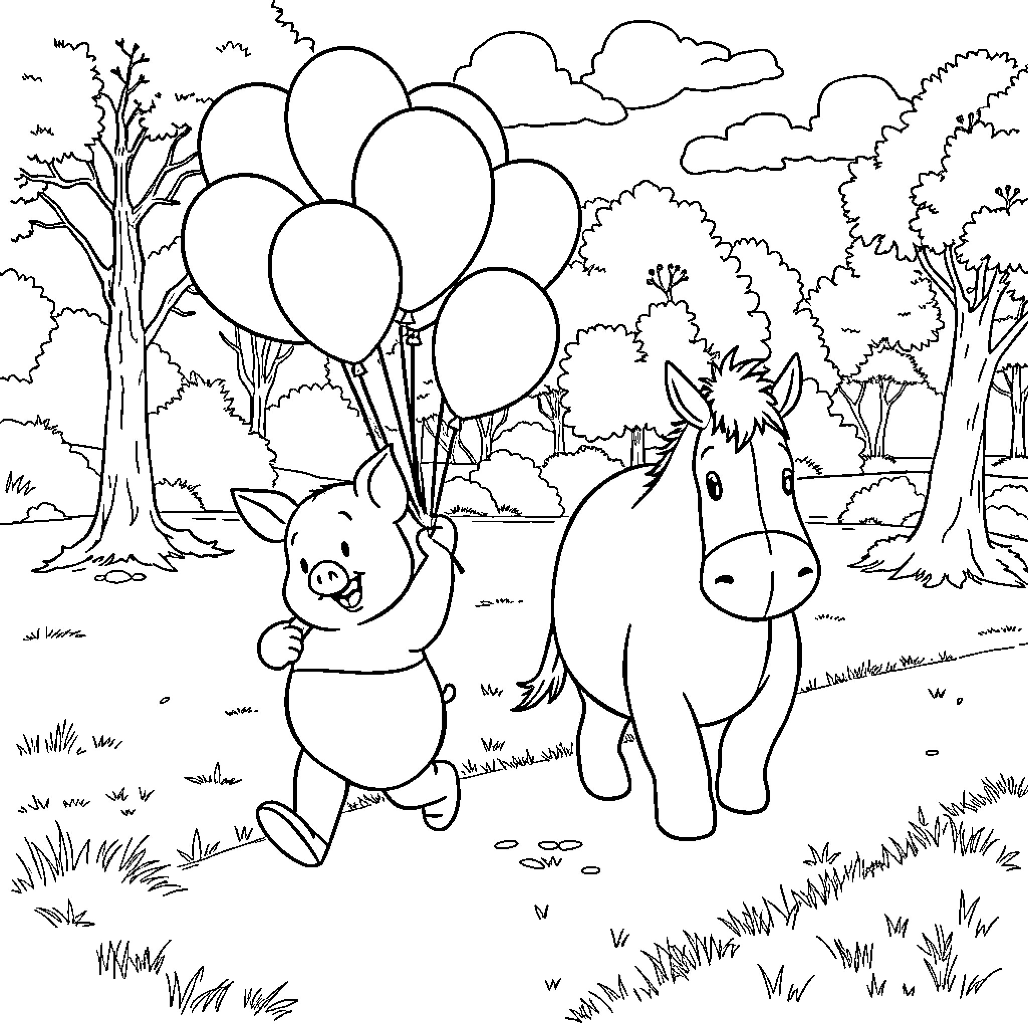 Piglet and Pony Celebrating with Balloons in the Forest Coloring Page (free black-and-white line drawing printable PDF for all, from beginners to advanced learners, including children, teens, adults, and seniors)