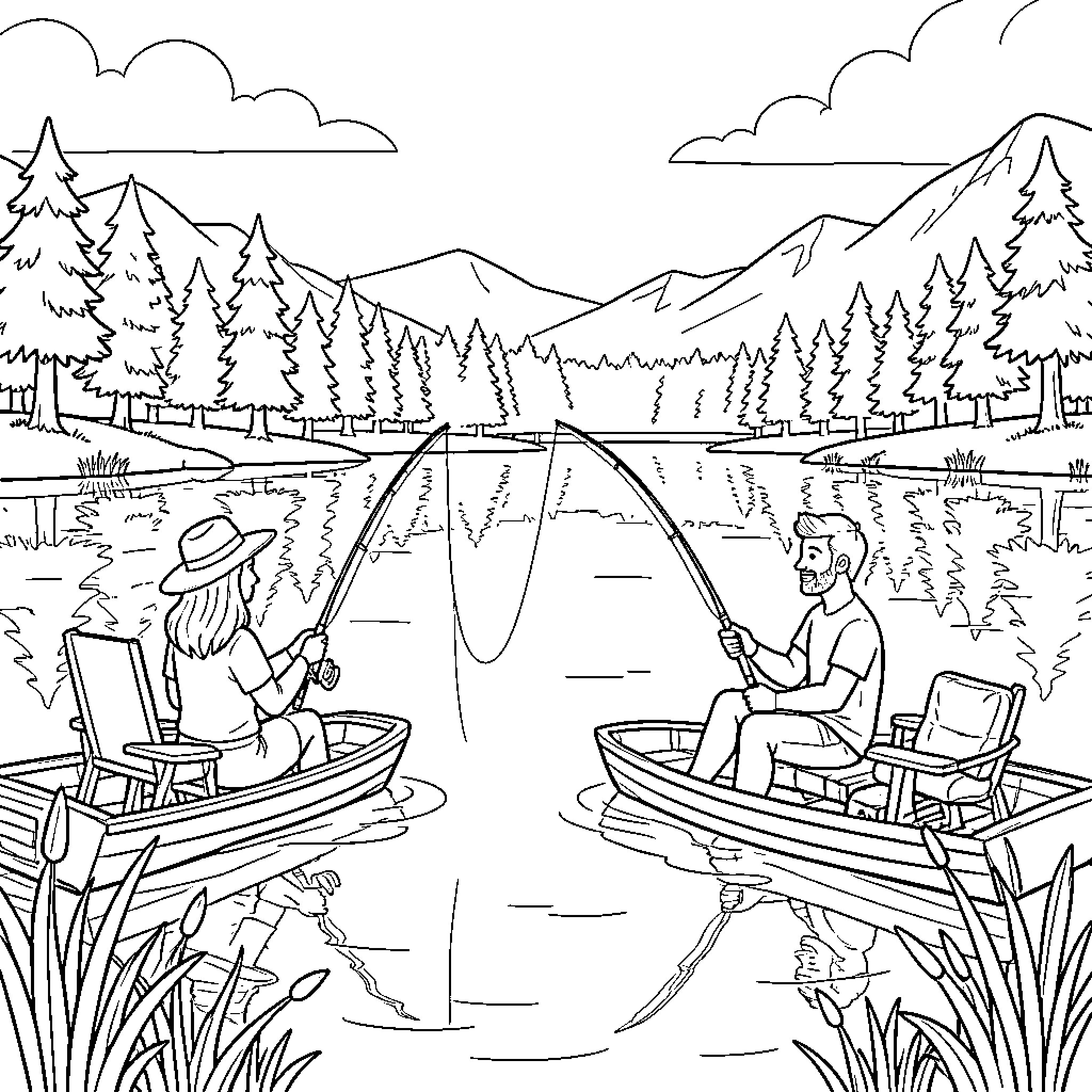 Fishing from small boats on a calm lake Coloring Page (free black-and-white line drawing printable PDF for all, from beginners to advanced learners, including children, teens, adults, and seniors)