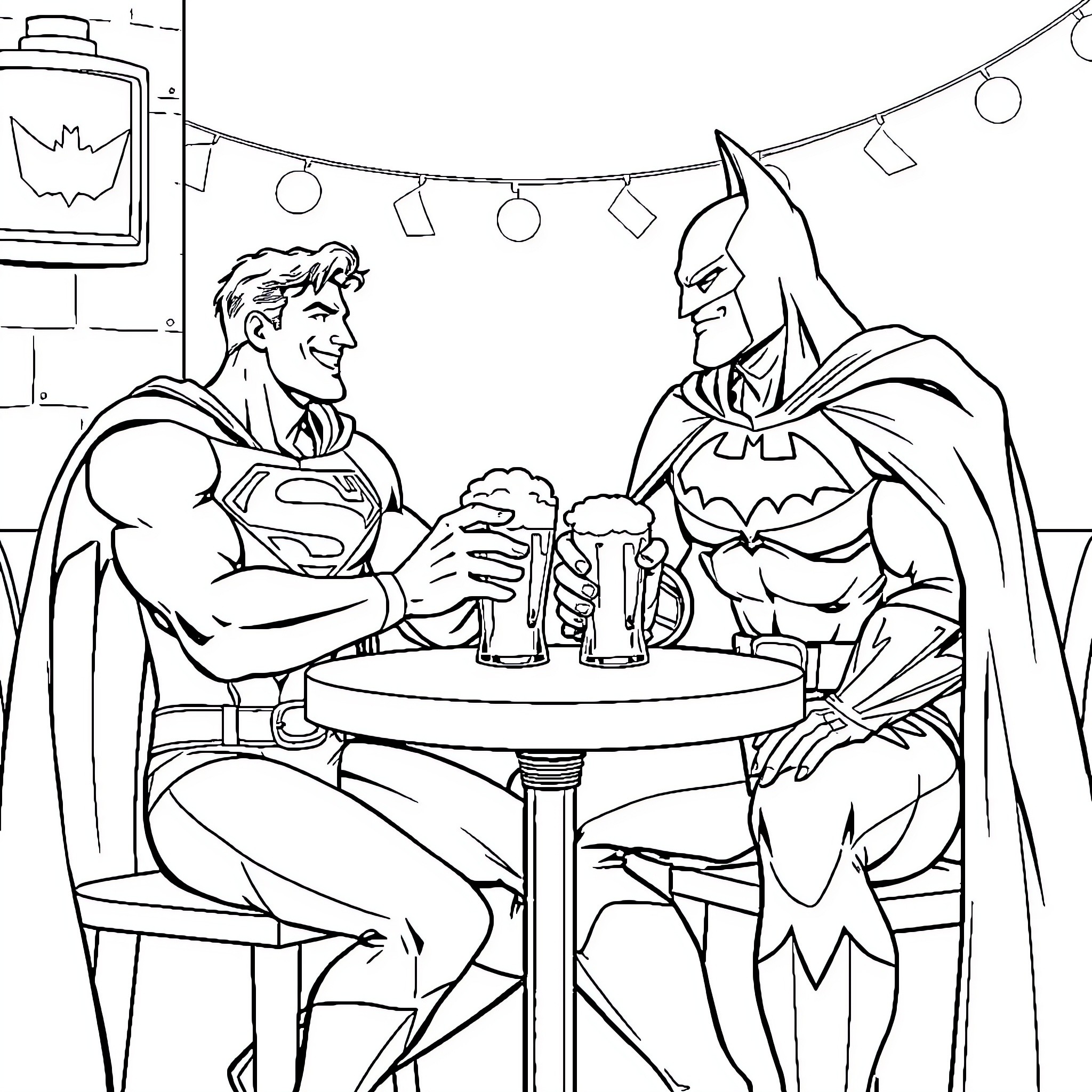 Superman and Batman enjoying drinks together Coloring Page (free black-and-white line drawing printable PDF for all, from beginners to advanced learners, including children, teens, adults, and seniors)