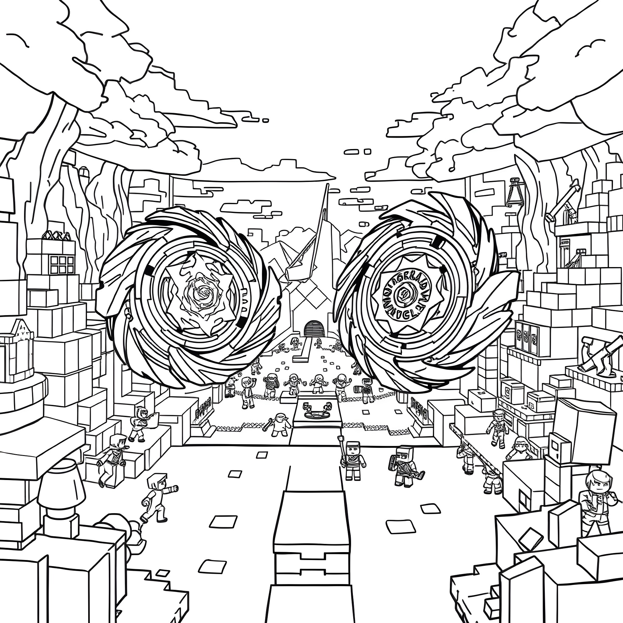 Beyblade stadium battle arena with spinning tops Coloring Page (free black-and-white line drawing printable PDF for all, from beginners to advanced learners, including children, teens, adults, and seniors)