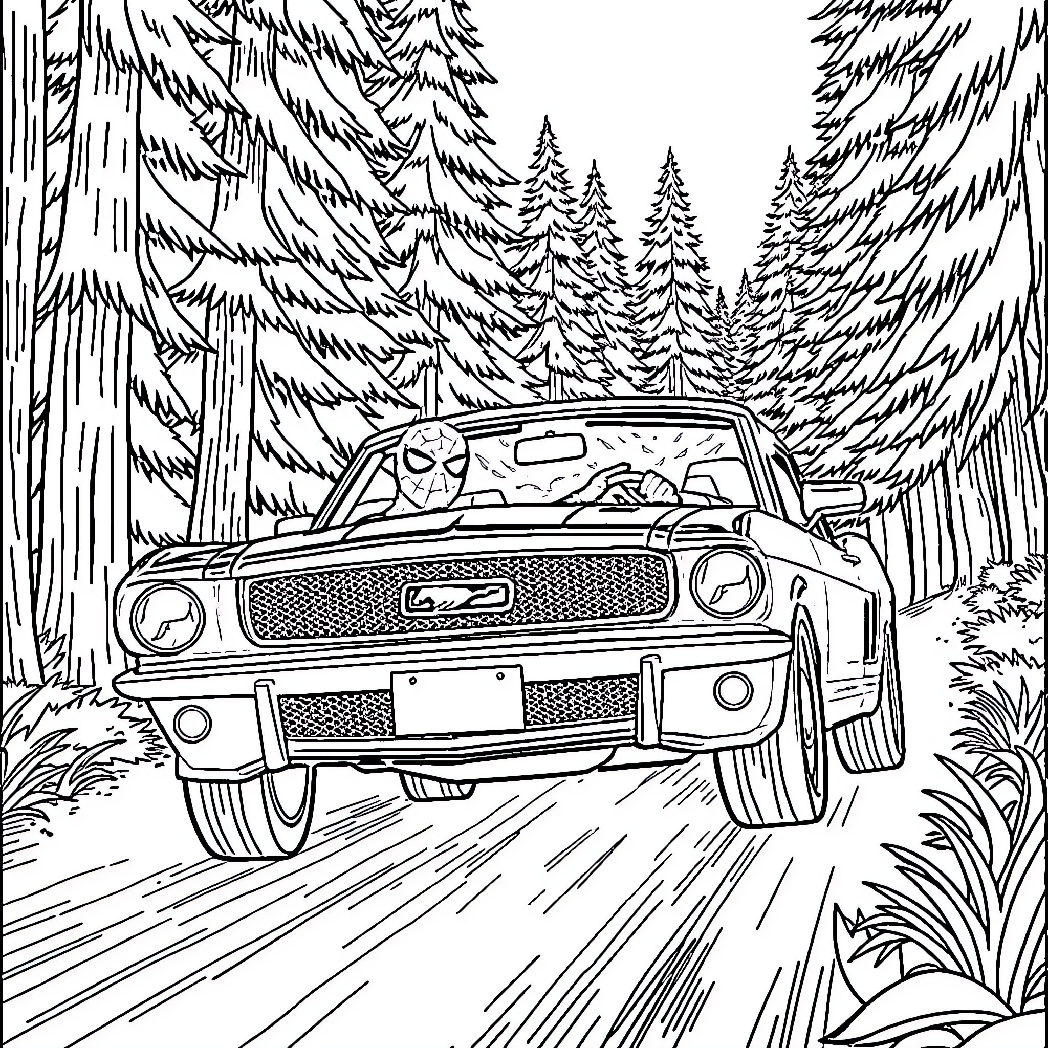 Spiderman's Mustang speeding through the forest Coloring Page (free black-and-white line drawing printable PDF for all, from beginners to advanced learners, including children, teens, adults, and seniors)