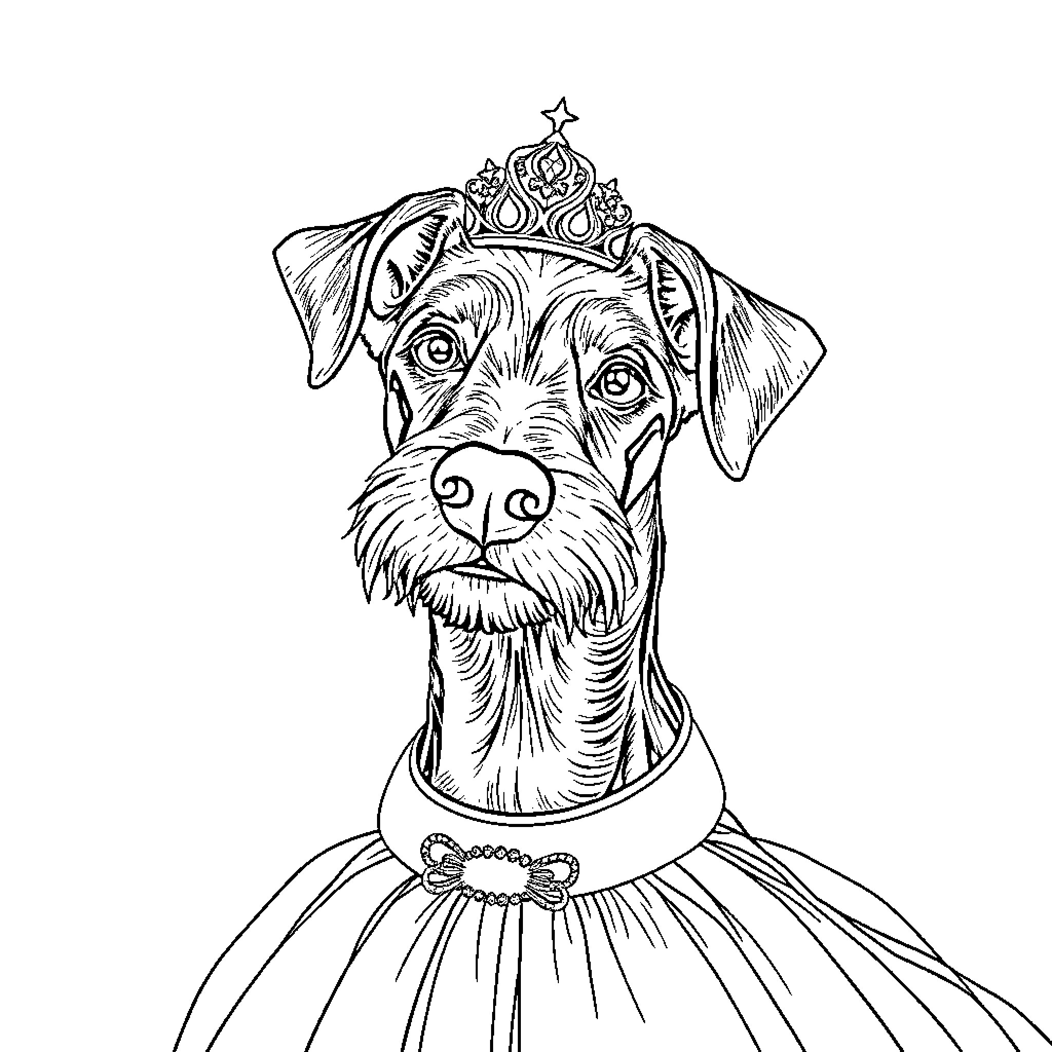 Lurcher wearing a crown and dress Coloring Page (free black-and-white line drawing printable PDF for all, from beginners to advanced learners, including children, teens, adults, and seniors)