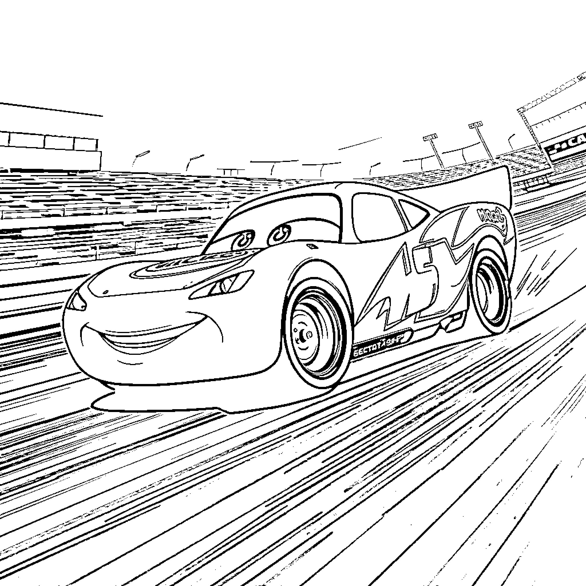 Lightning McQueen racing on the track Coloring Page (free black-and-white line drawing printable PDF for all, from beginners to advanced learners, including children, teens, adults, and seniors)