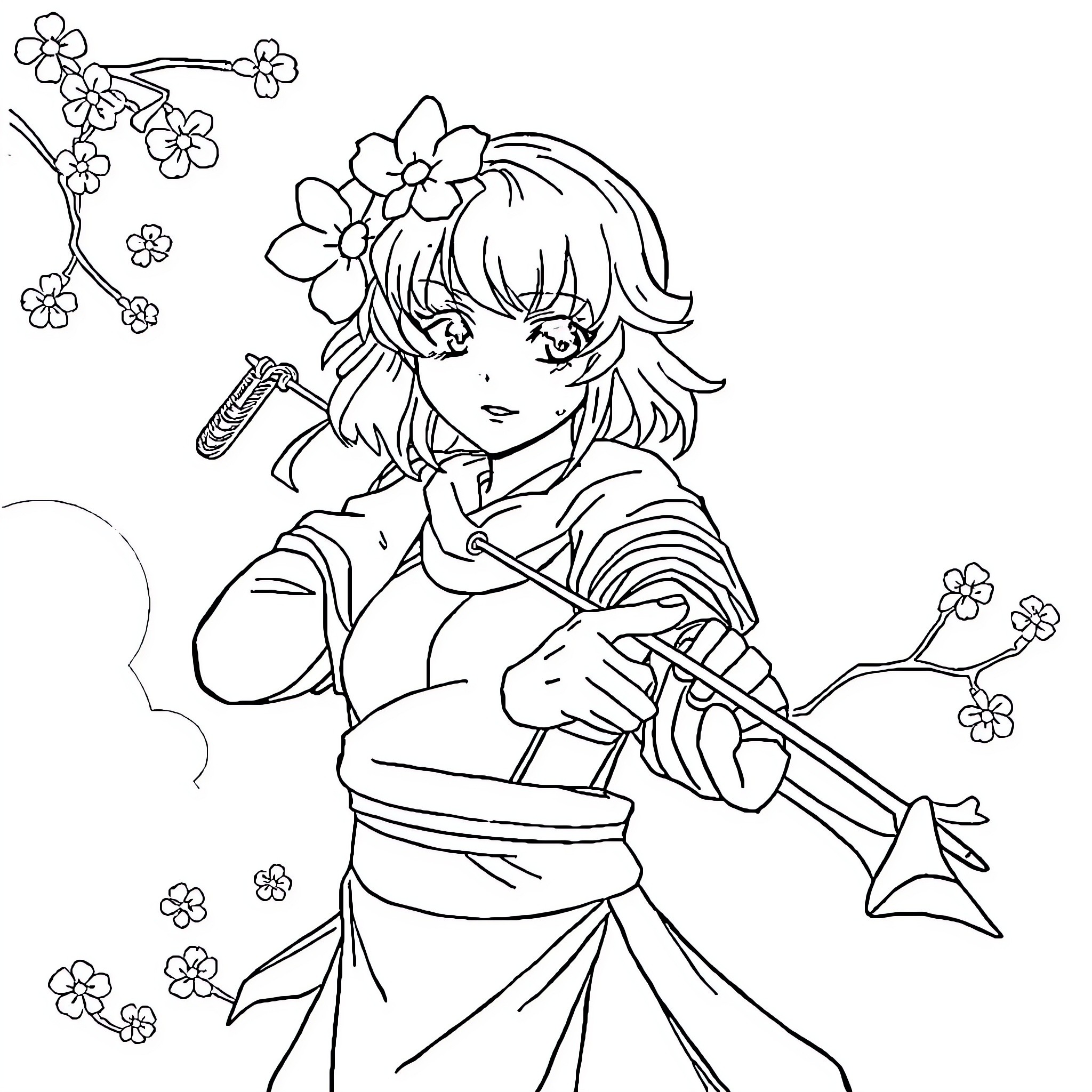 Sakura-clad girl playing a bamboo flute amidst blossoms Coloring Page (free black-and-white line drawing printable PDF for all, from beginners to advanced learners, including children, teens, adults, and seniors)