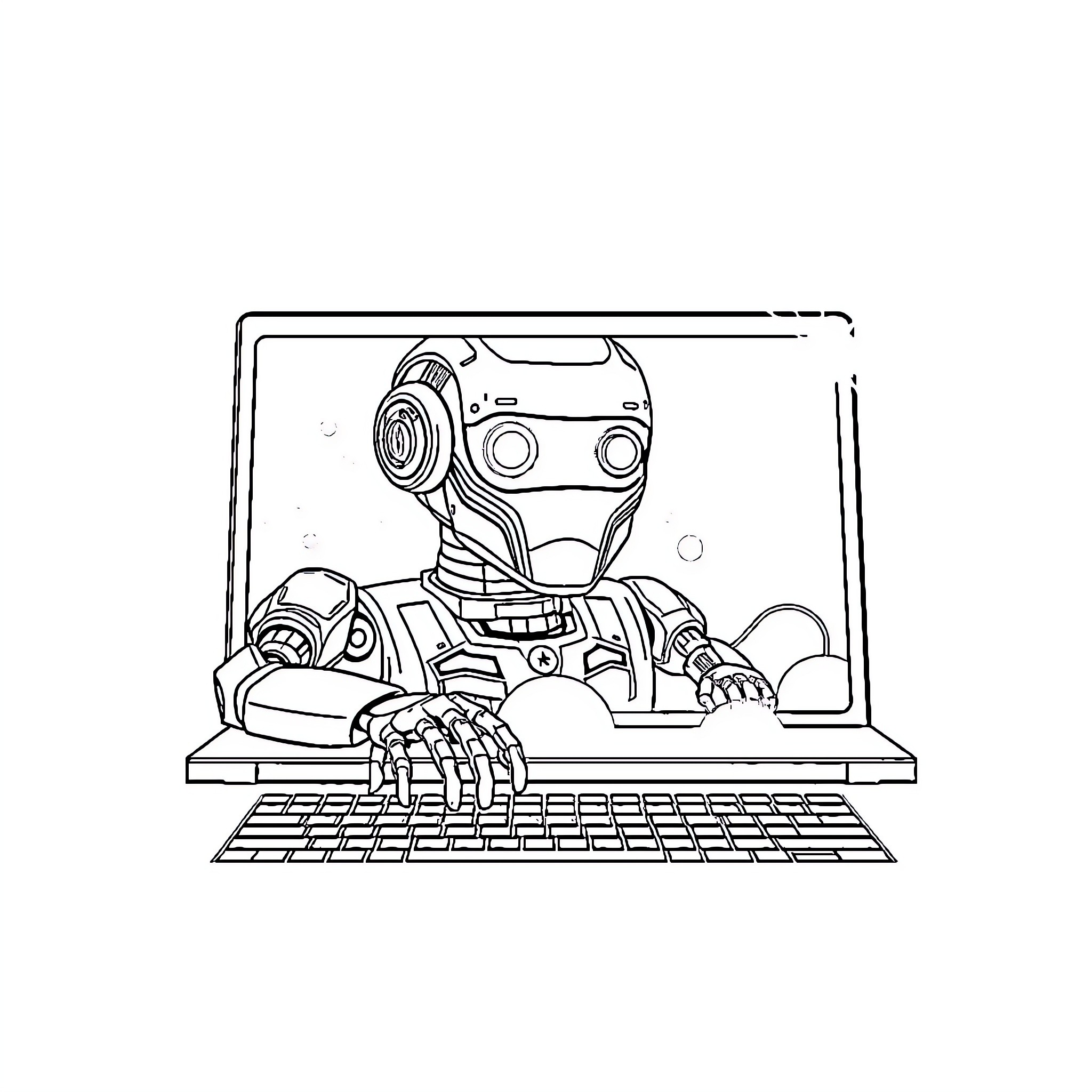 Robot emerging from laptop computer screen Coloring Page (free black-and-white line drawing printable PDF for all, from beginners to advanced learners, including children, teens, adults, and seniors)