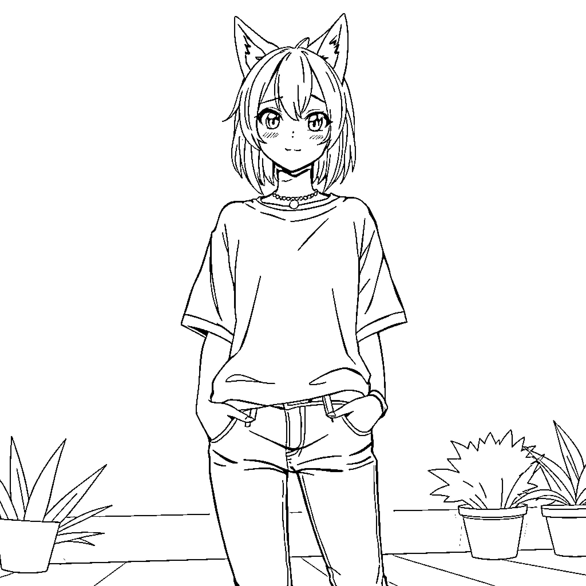 Anime Girl in Casual Outfit with Cat Ears Coloring Page (free black-and-white line drawing printable PDF for all, from beginners to advanced learners, including children, teens, adults, and seniors)