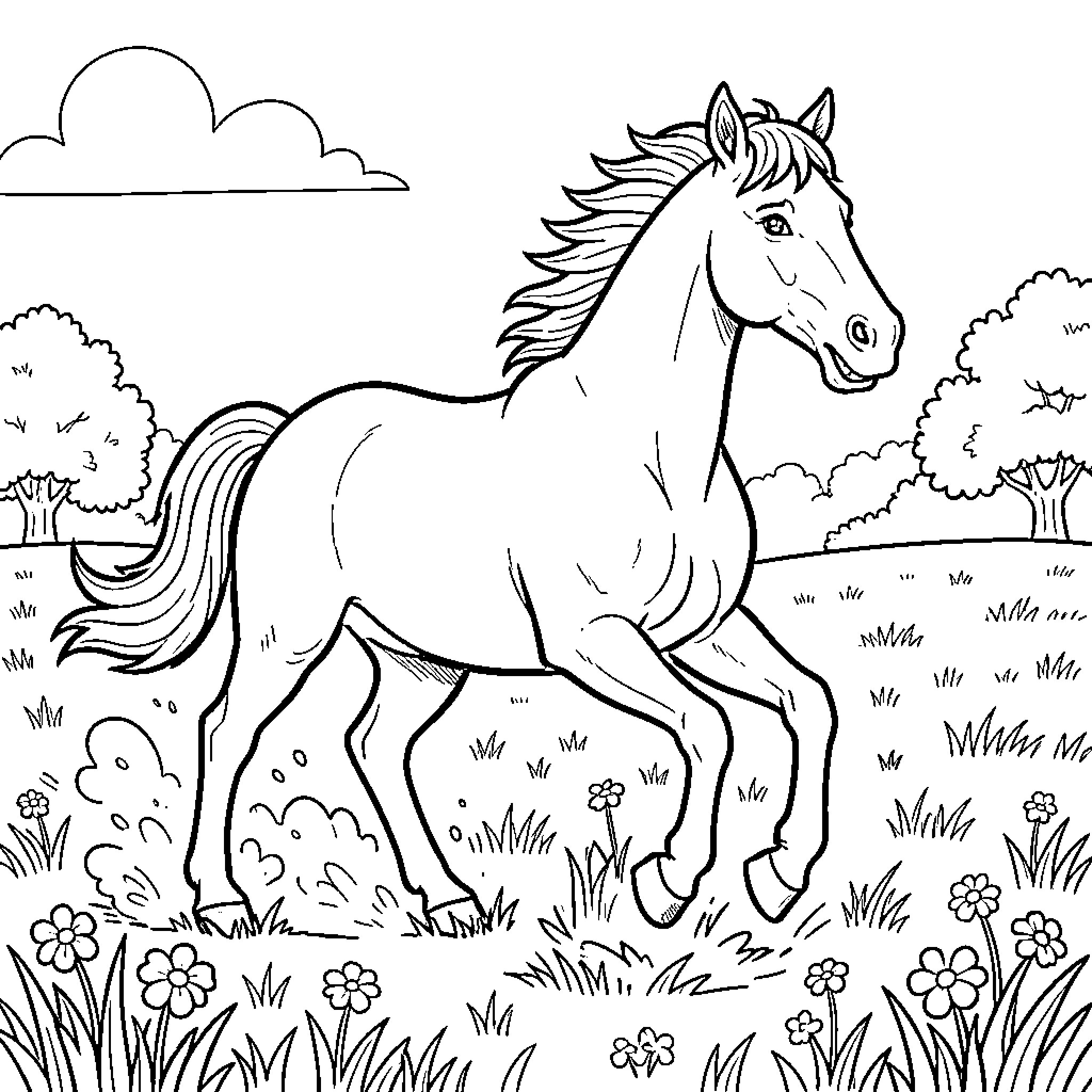 Horse galloping through a flowery meadow Coloring Page (free black-and-white line drawing printable PDF for all, from beginners to advanced learners, including children, teens, adults, and seniors)