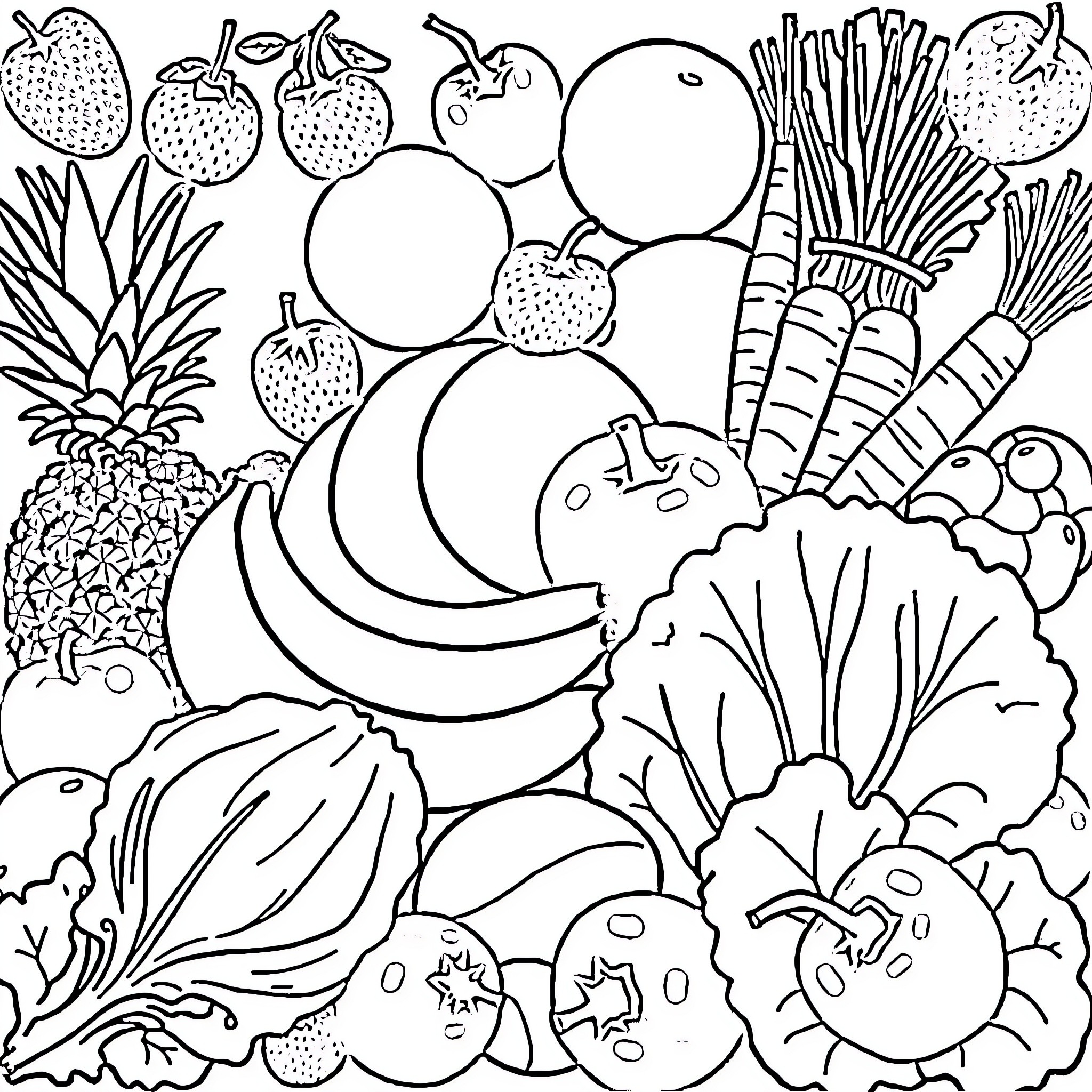 Fruit and Vegetable Abundance Coloring Page (free black-and-white line drawing printable PDF for all, from beginners to advanced learners, including children, teens, adults, and seniors)