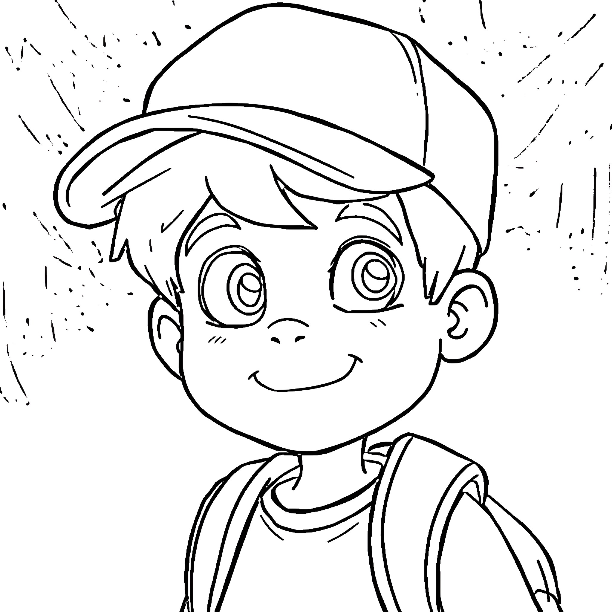Boy smiling happily in baseball cap Coloring Page (free black-and-white line drawing printable PDF for all, from beginners to advanced learners, including children, teens, adults, and seniors)