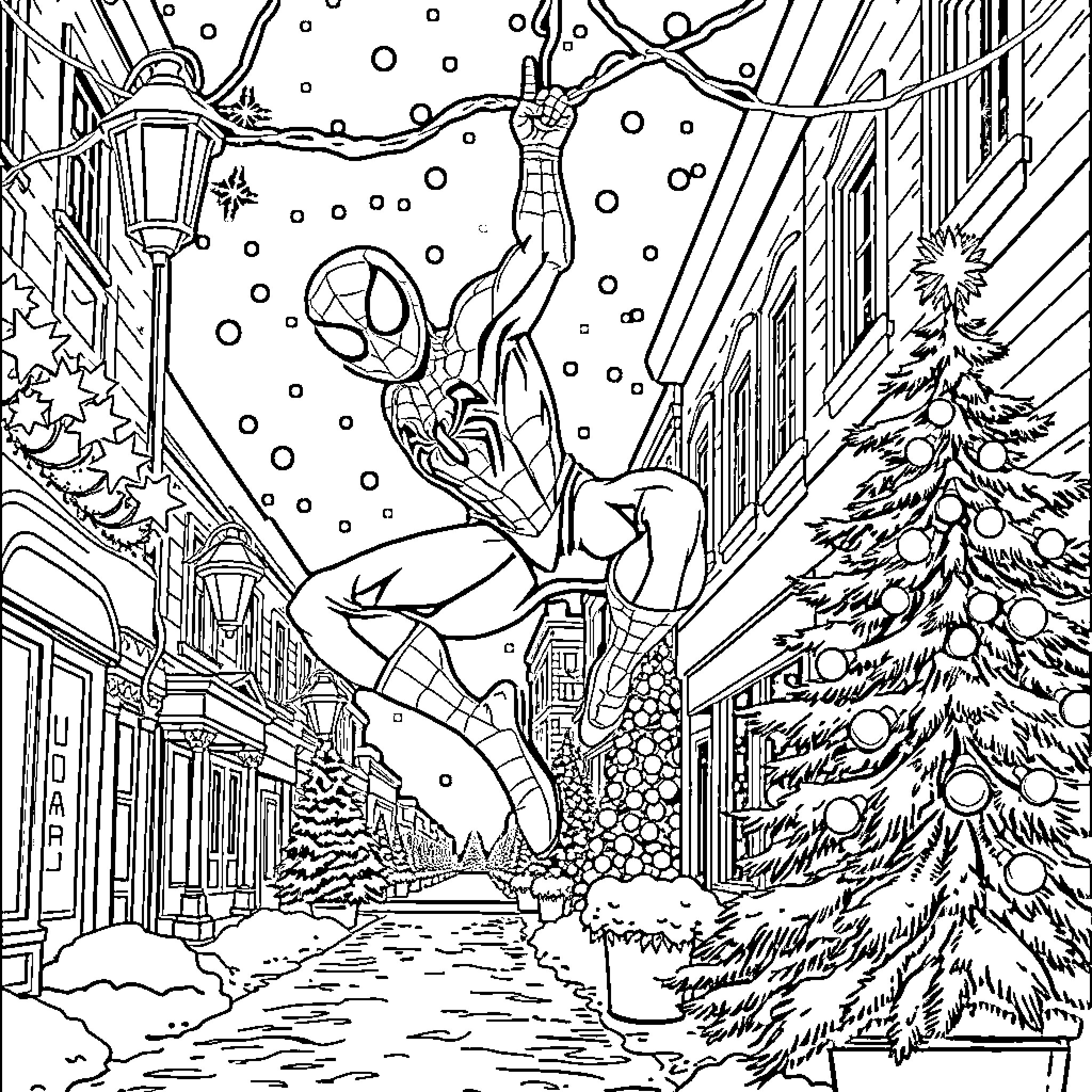 Spiderman swinging through a winter wonderland Coloring Page (free black-and-white line drawing printable PDF for all, from beginners to advanced learners, including children, teens, adults, and seniors)