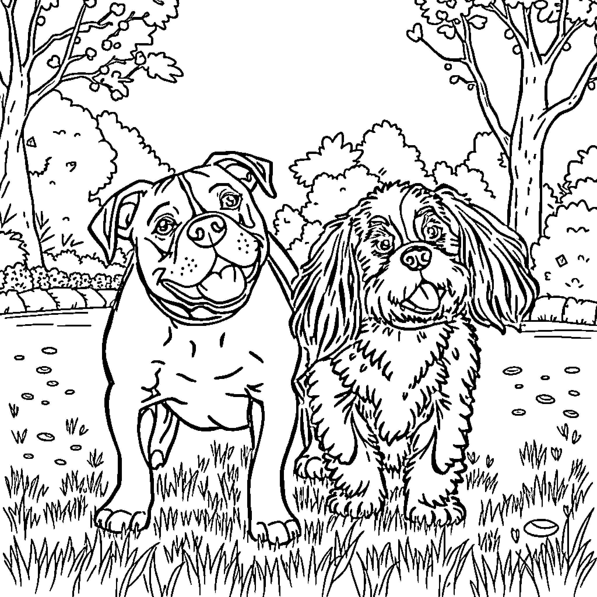 Pit Bull and Poodle Enjoying Nature Together Coloring Page (free black-and-white line drawing printable PDF for all, from beginners to advanced learners, including children, teens, adults, and seniors)