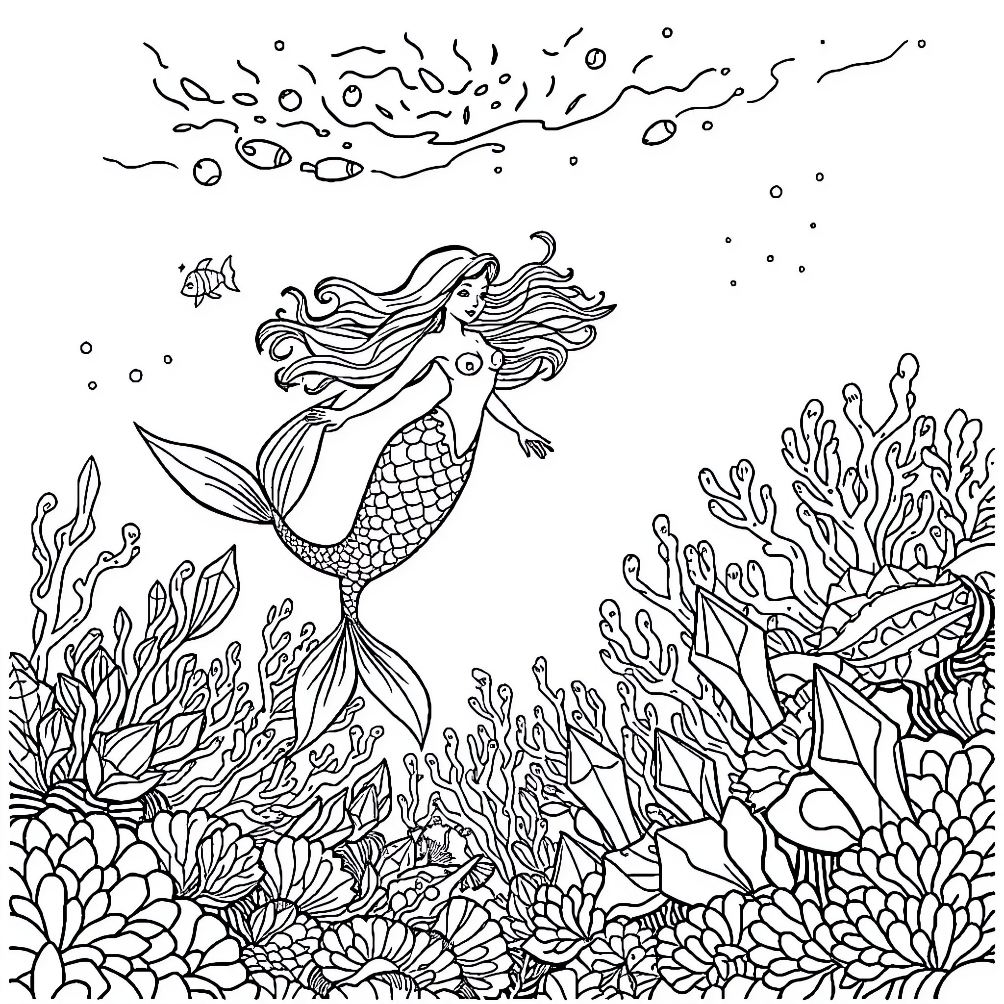 Siren swimming among the coral reef Coloring Page (free black-and-white line drawing printable PDF for all, from beginners to advanced learners, including children, teens, adults, and seniors)