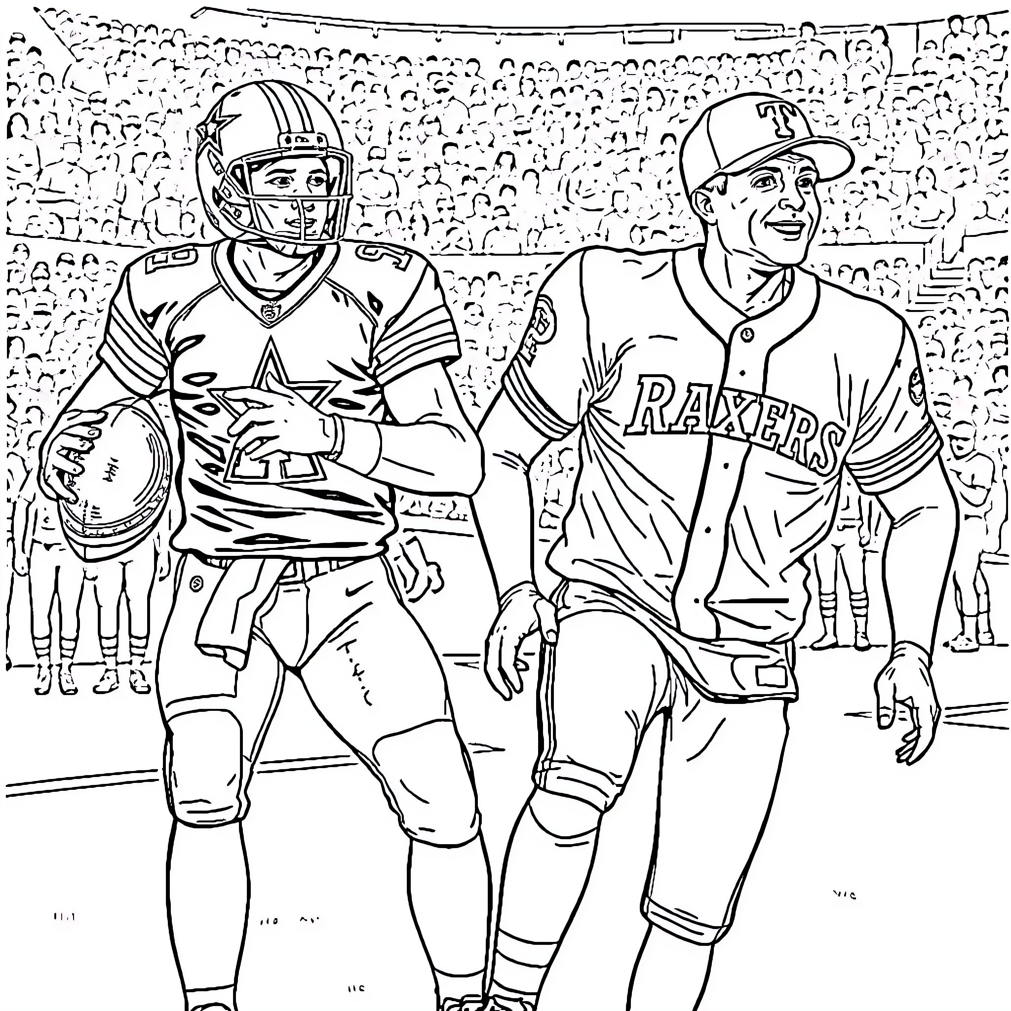 Cowboy Football Players on the Field Coloring Page (free black-and-white line drawing printable PDF for all, from beginners to advanced learners, including children, teens, adults, and seniors)