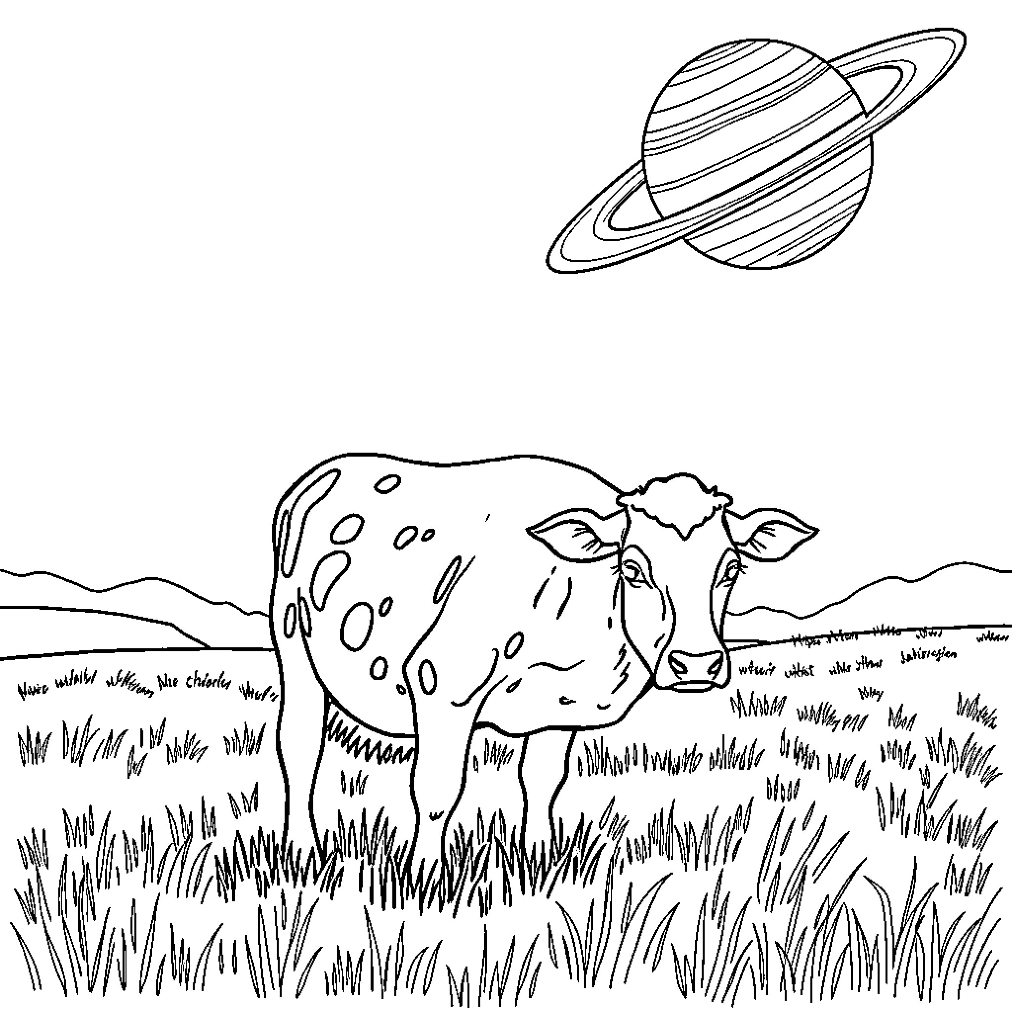 Cow grazing in a field under a planetary landscape Coloring Page (free black-and-white line drawing printable PDF for all, from beginners to advanced learners, including children, teens, adults, and seniors)