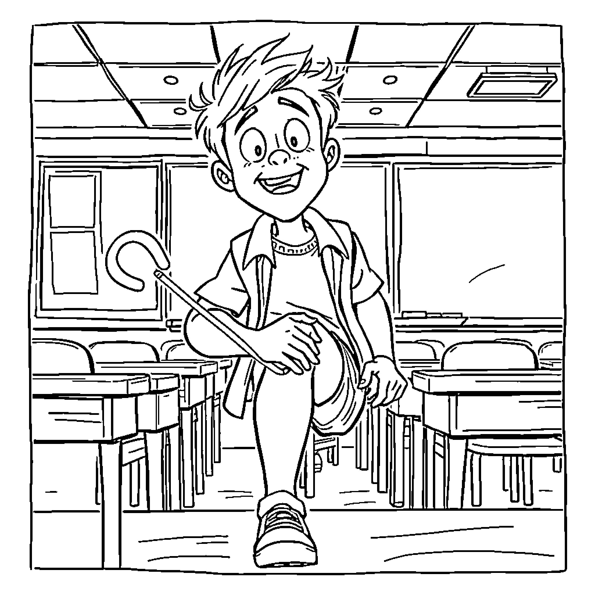 Student in a cheerful mood in the classroom Coloring Page (free black-and-white line drawing printable PDF for all, from beginners to advanced learners, including children, teens, adults, and seniors)