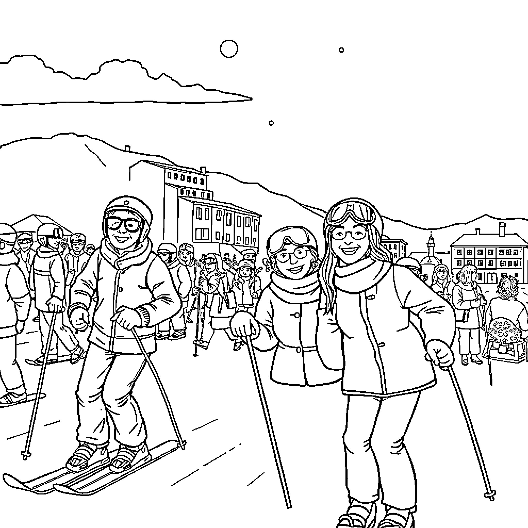 Brainrot: Skiers and snowboarders on the slopes Coloring Page (free black-and-white line drawing printable PDF for all, from beginners to advanced learners, including children, teens, adults, and seniors)