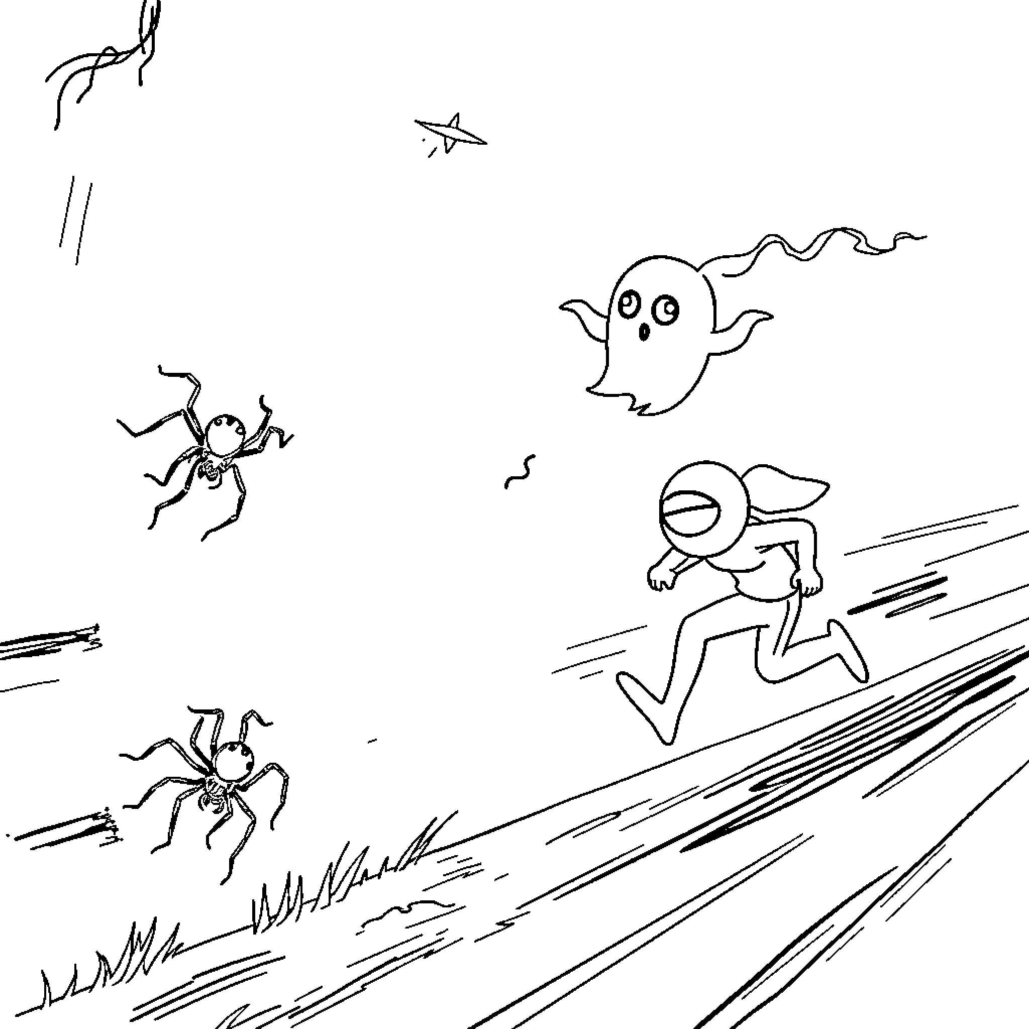 Spider-themed creatures chasing a running figure Coloring Page (free black-and-white line drawing printable PDF for all, from beginners to advanced learners, including children, teens, adults, and seniors)