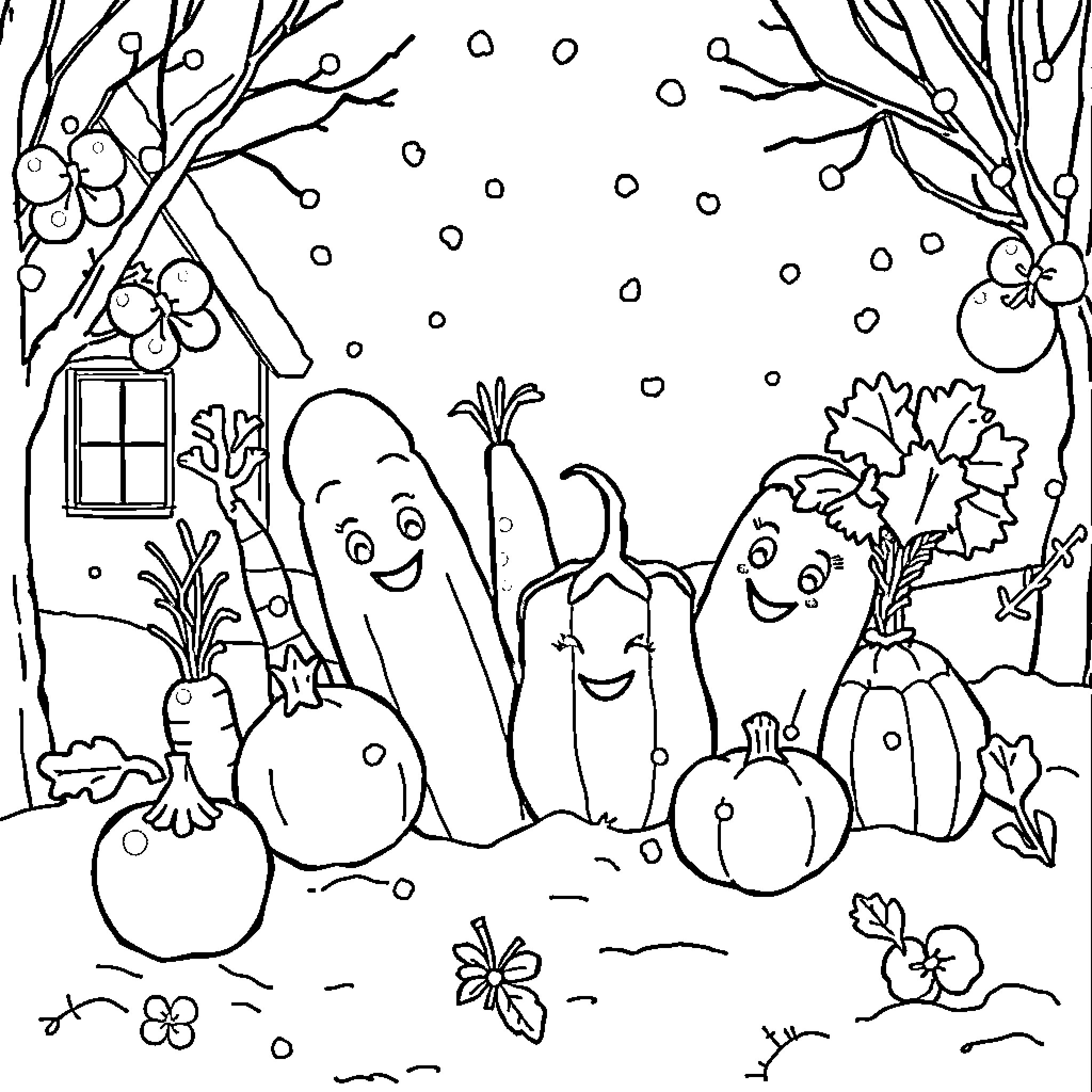 Vegetable characters playing in the winter wonderland Coloring Page (free black-and-white line drawing printable PDF for all, from beginners to advanced learners, including children, teens, adults, and seniors)