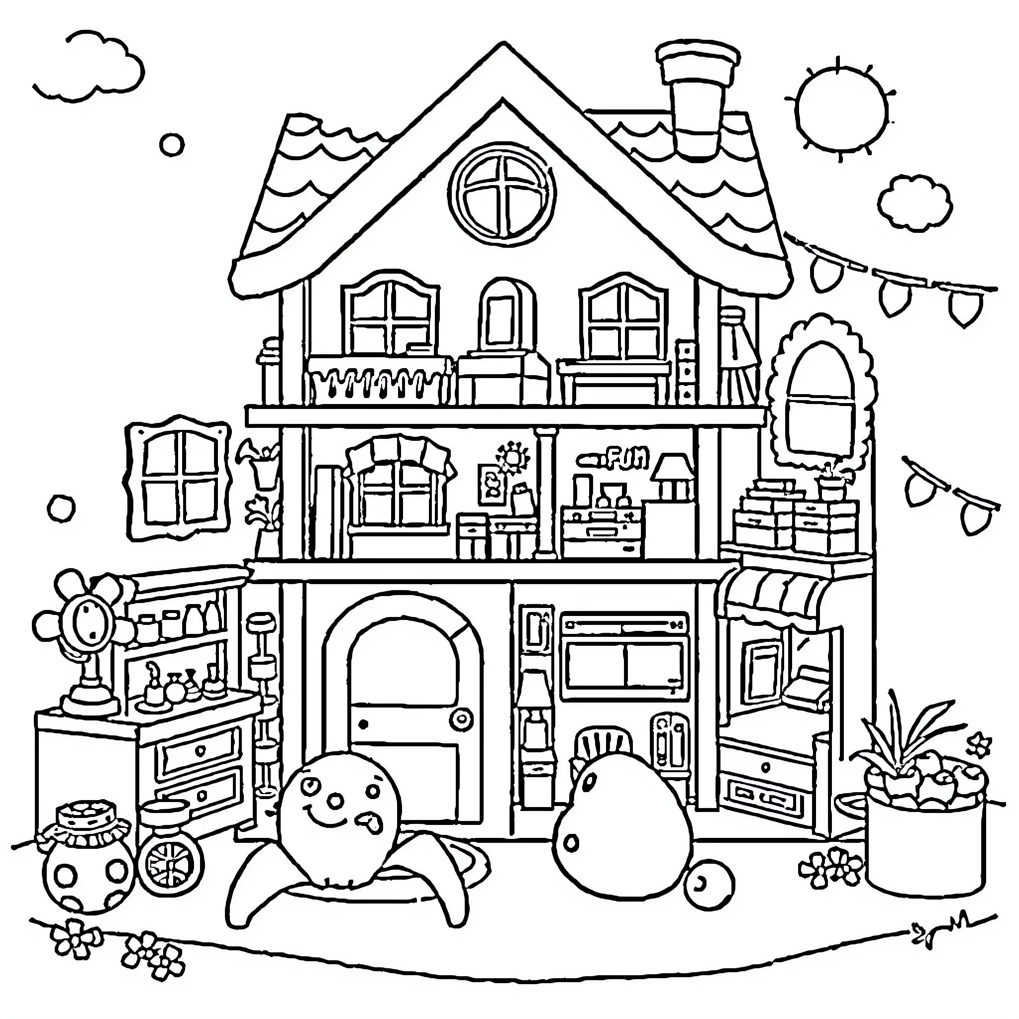 Dollhouse with Whimsical Decor and Playful Characters Coloring Page (free black-and-white line drawing printable PDF for all, from beginners to advanced learners, including children, teens, adults, and seniors)