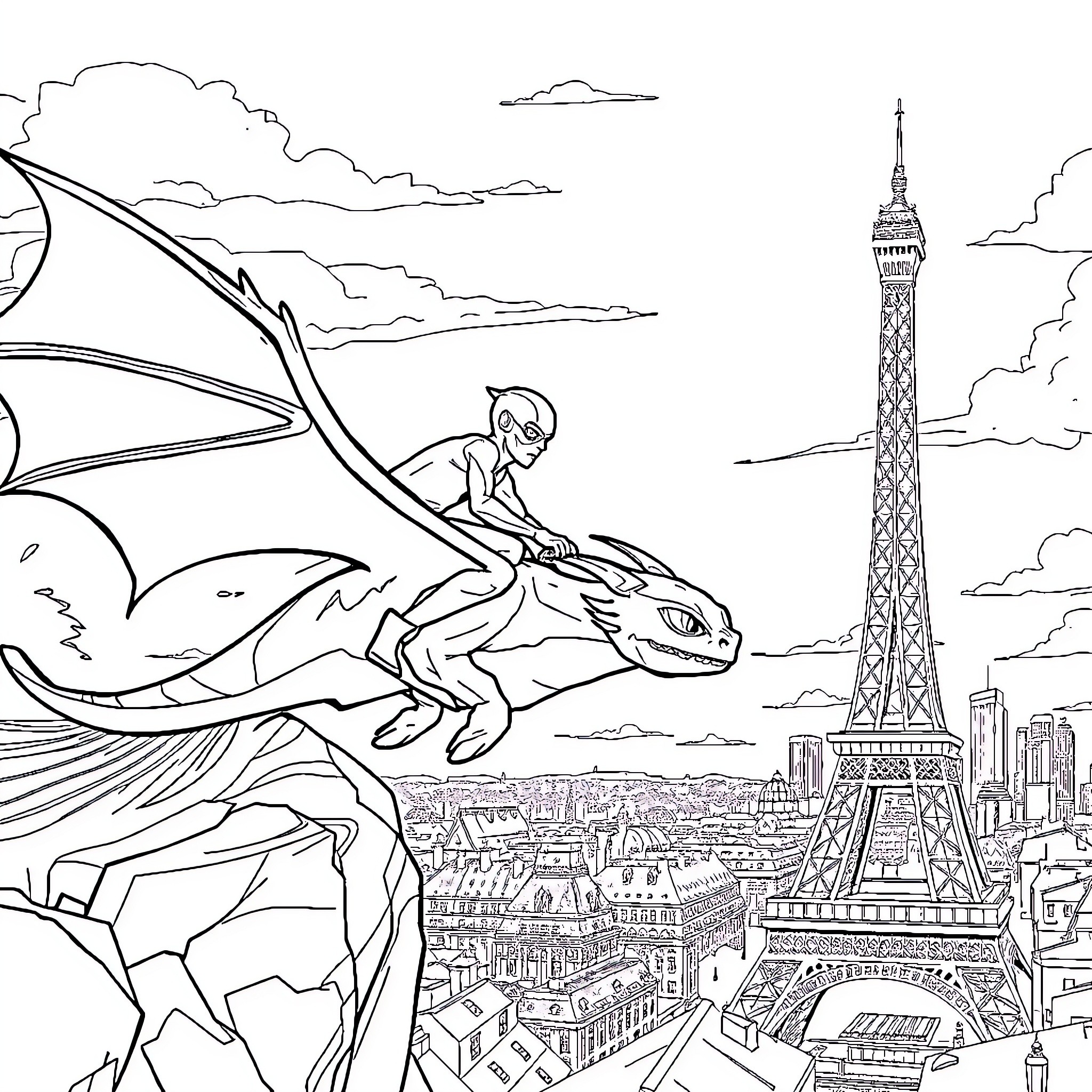 Flash Soaring Over the City Skyline Coloring Page (free black-and-white line drawing printable PDF for all, from beginners to advanced learners, including children, teens, adults, and seniors)