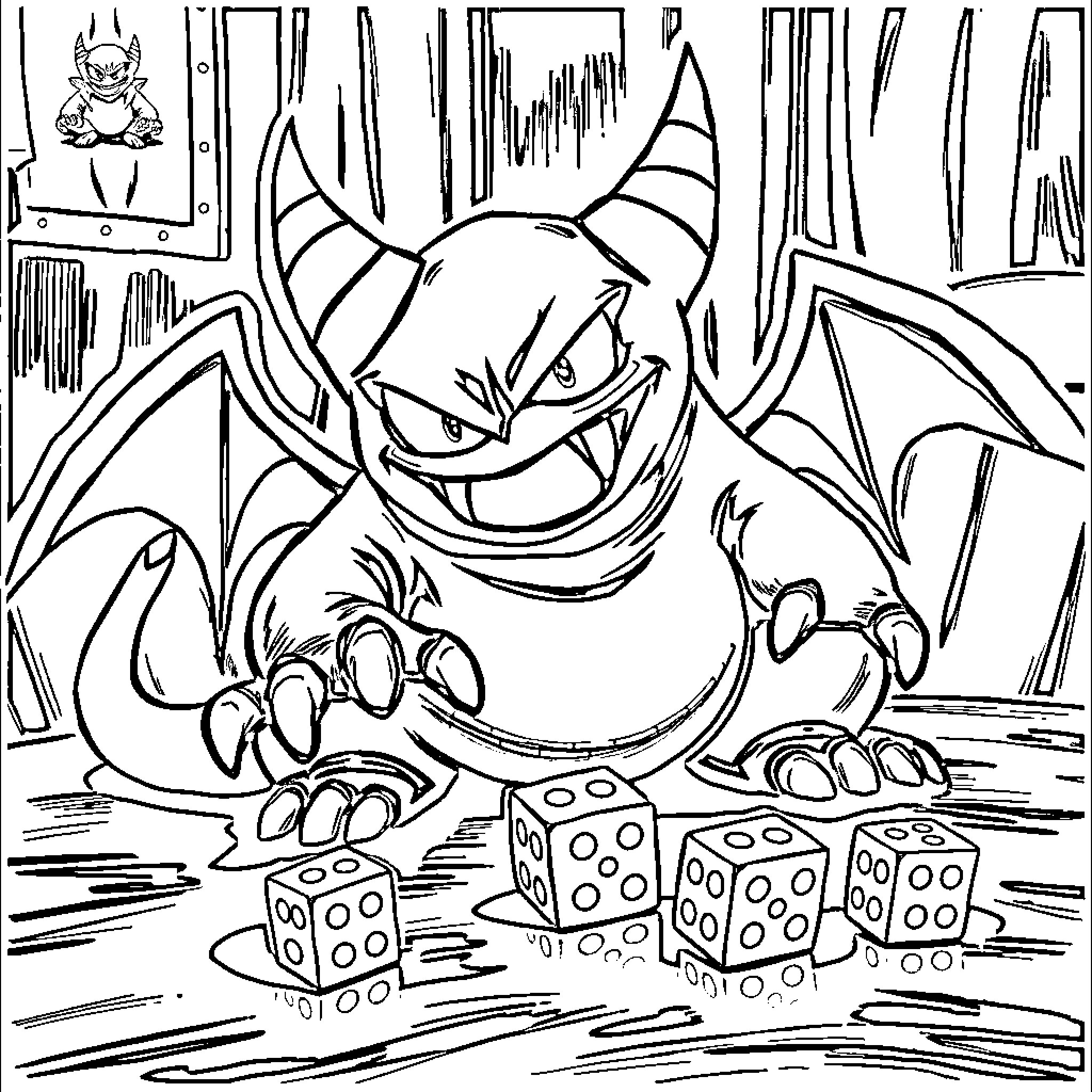 Gengar playing with dice in the city Coloring Page (free black-and-white line drawing printable PDF for all, from beginners to advanced learners, including children, teens, adults, and seniors)