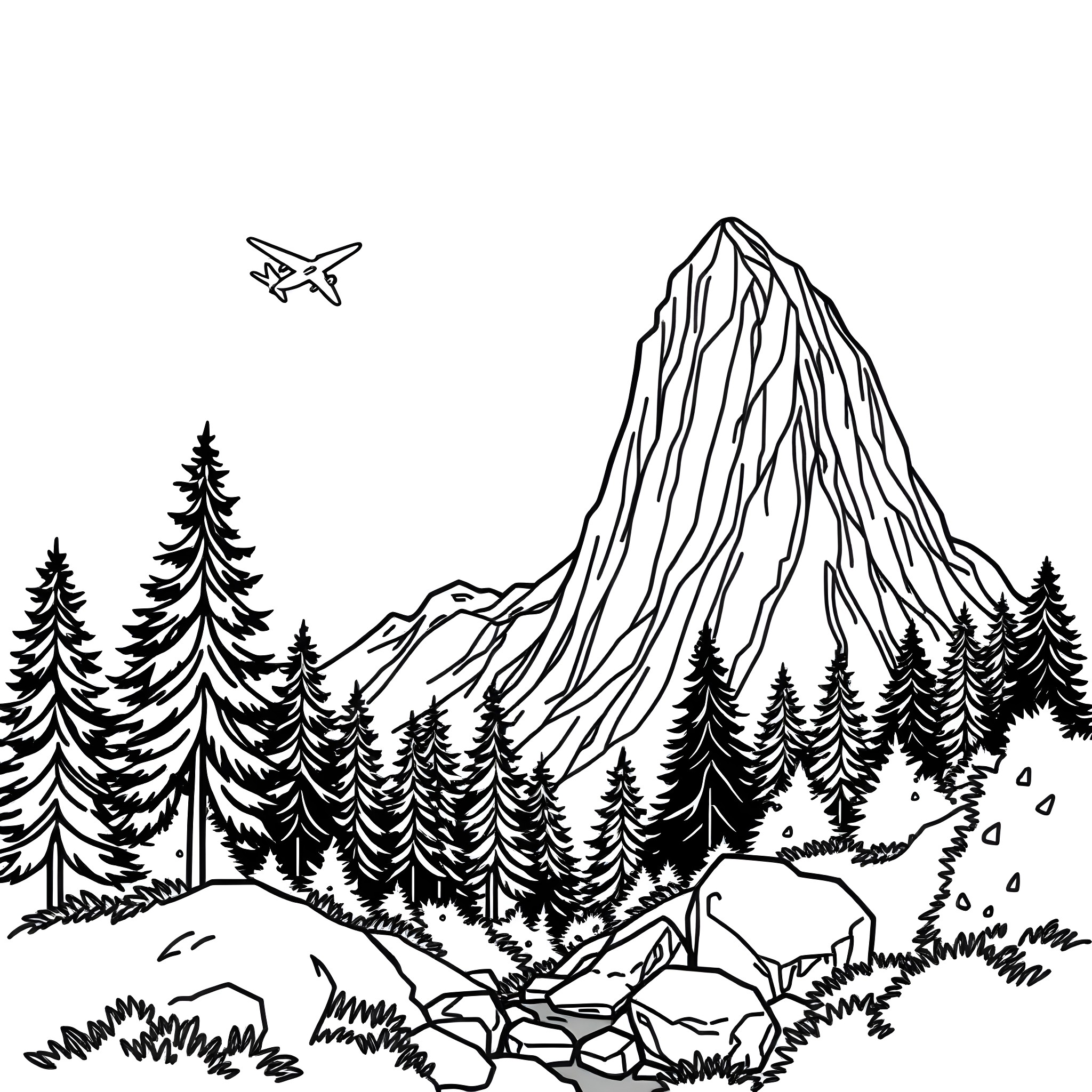 Airplane soaring over majestic mountain landscape Coloring Page (free black-and-white line drawing printable PDF for all, from beginners to advanced learners, including children, teens, adults, and seniors)