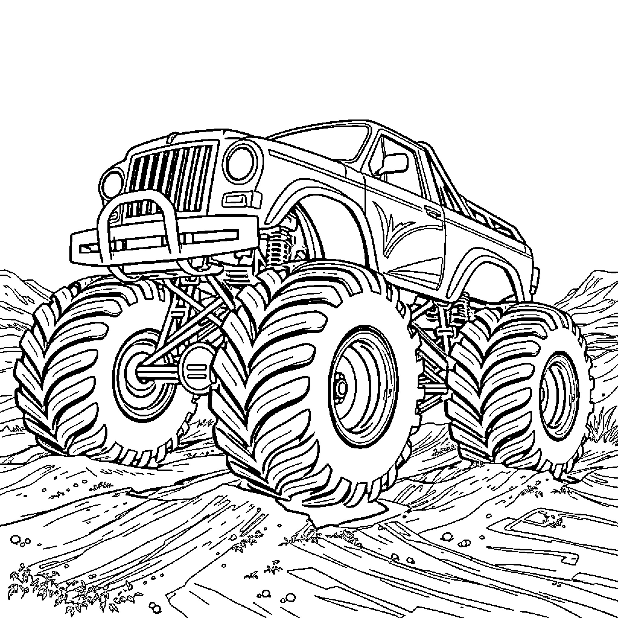 Monster Truck Conquering Rugged Terrain Coloring Page (free black-and-white line drawing printable PDF for all, from beginners to advanced learners, including children, teens, adults, and seniors)