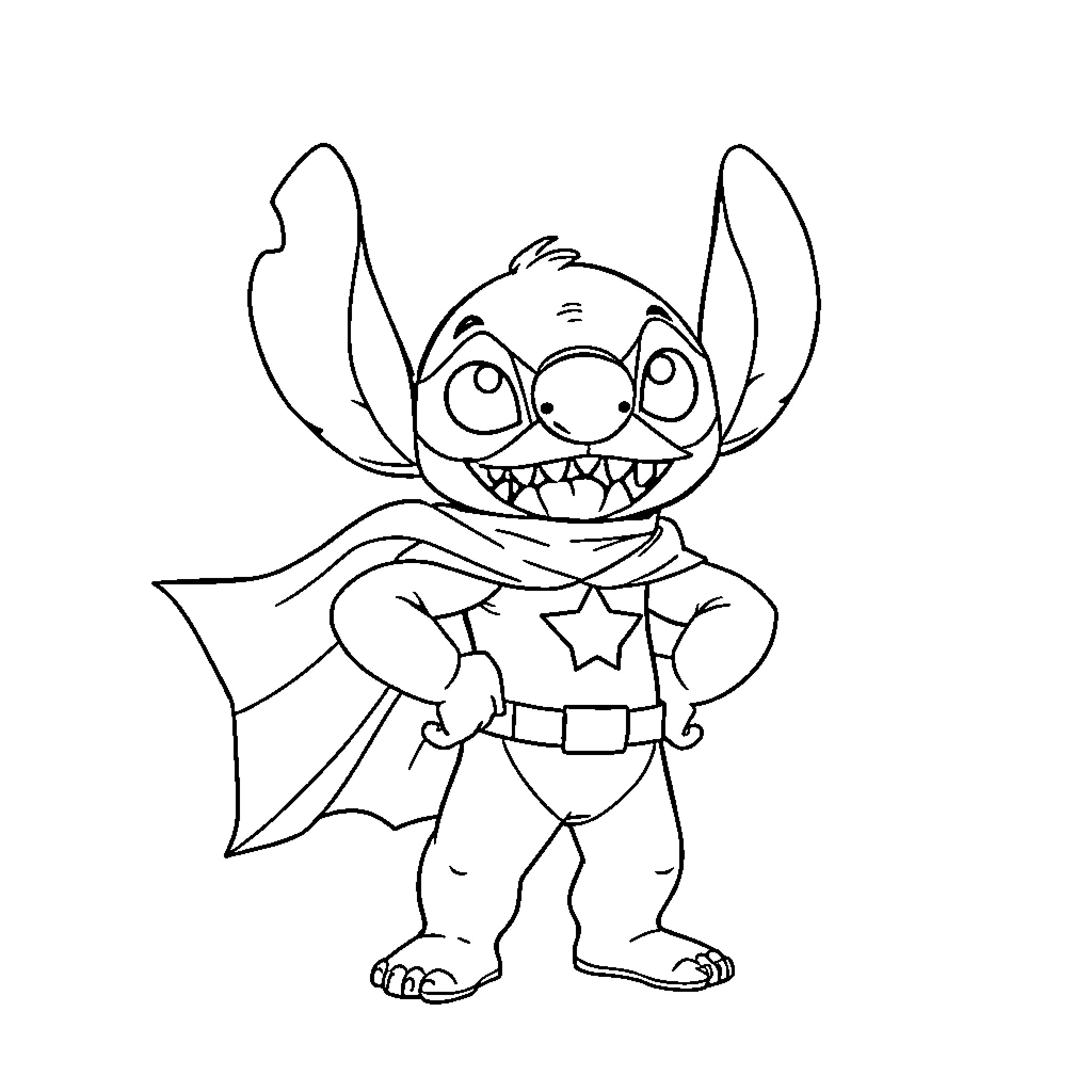 Stitch dressed as a superhero Coloring Page (free black-and-white line drawing printable PDF for all, from beginners to advanced learners, including children, teens, adults, and seniors)