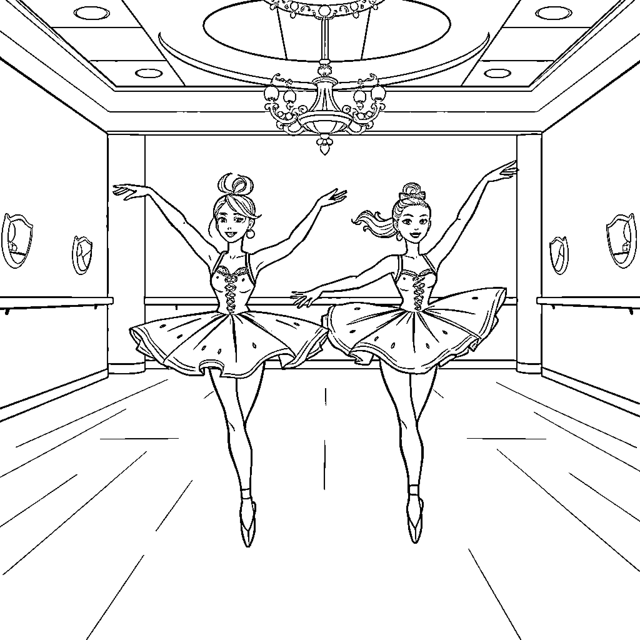Bluey and Bingo Performing a Ballet Recital Coloring Page (free black-and-white line drawing printable PDF for all, from beginners to advanced learners, including children, teens, adults, and seniors)