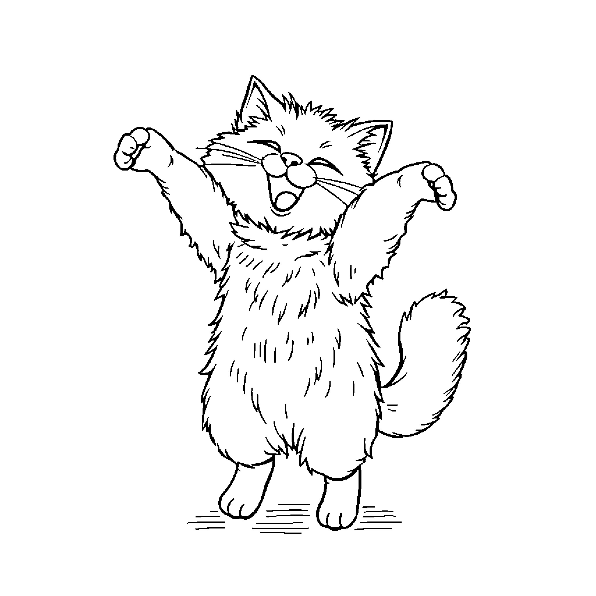 Cat celebrating with excitement Coloring Page (free black-and-white line drawing printable PDF for all, from beginners to advanced learners, including children, teens, adults, and seniors)