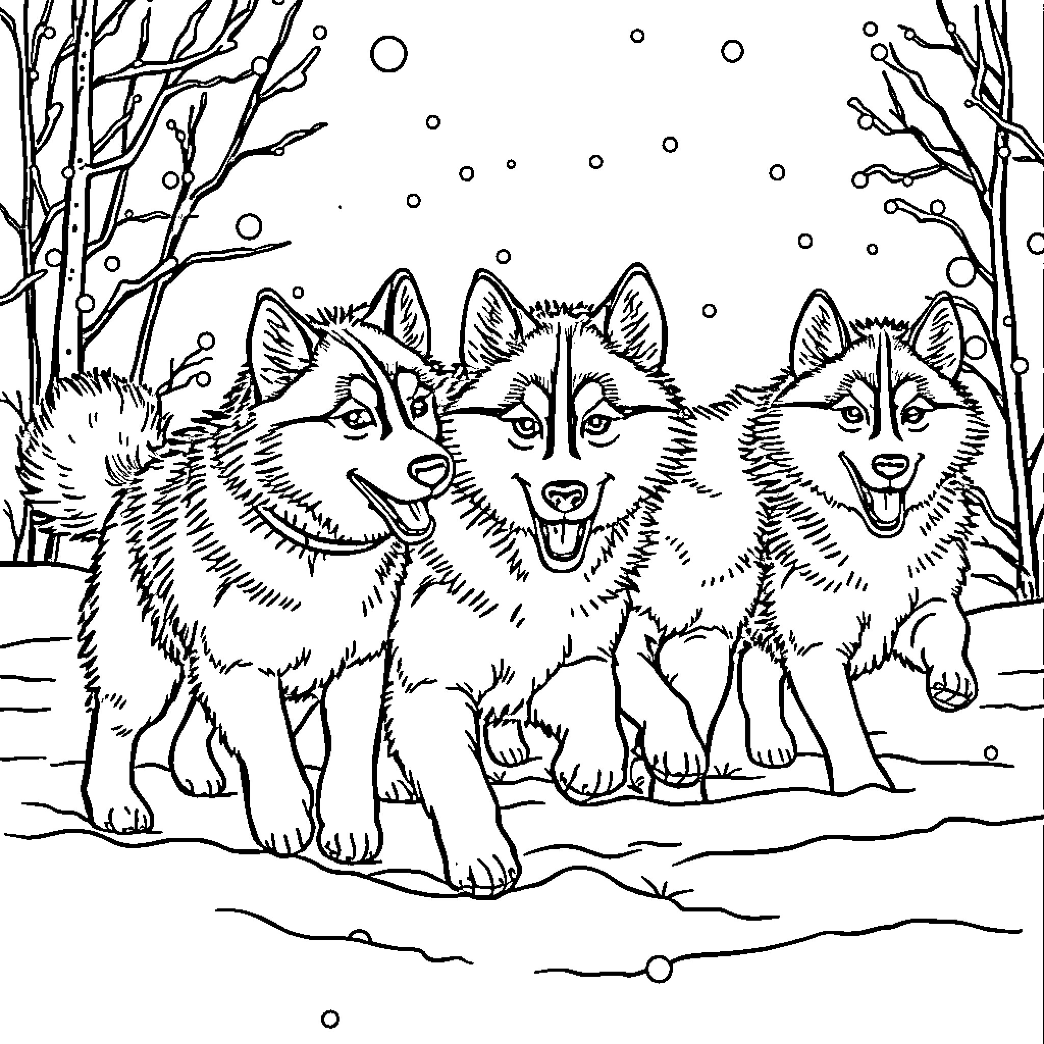 Husky dogs in a snowy winter landscape Coloring Page (free black-and-white line drawing printable PDF for all, from beginners to advanced learners, including children, teens, adults, and seniors)